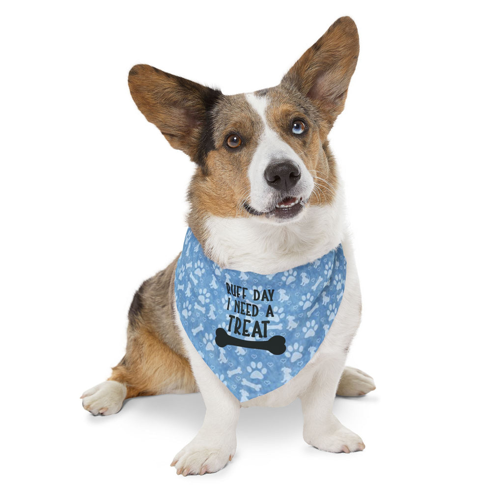 Dog Bandana Collar — "Ruff Day I Need a Treat" Blue Paw Print by Printify
