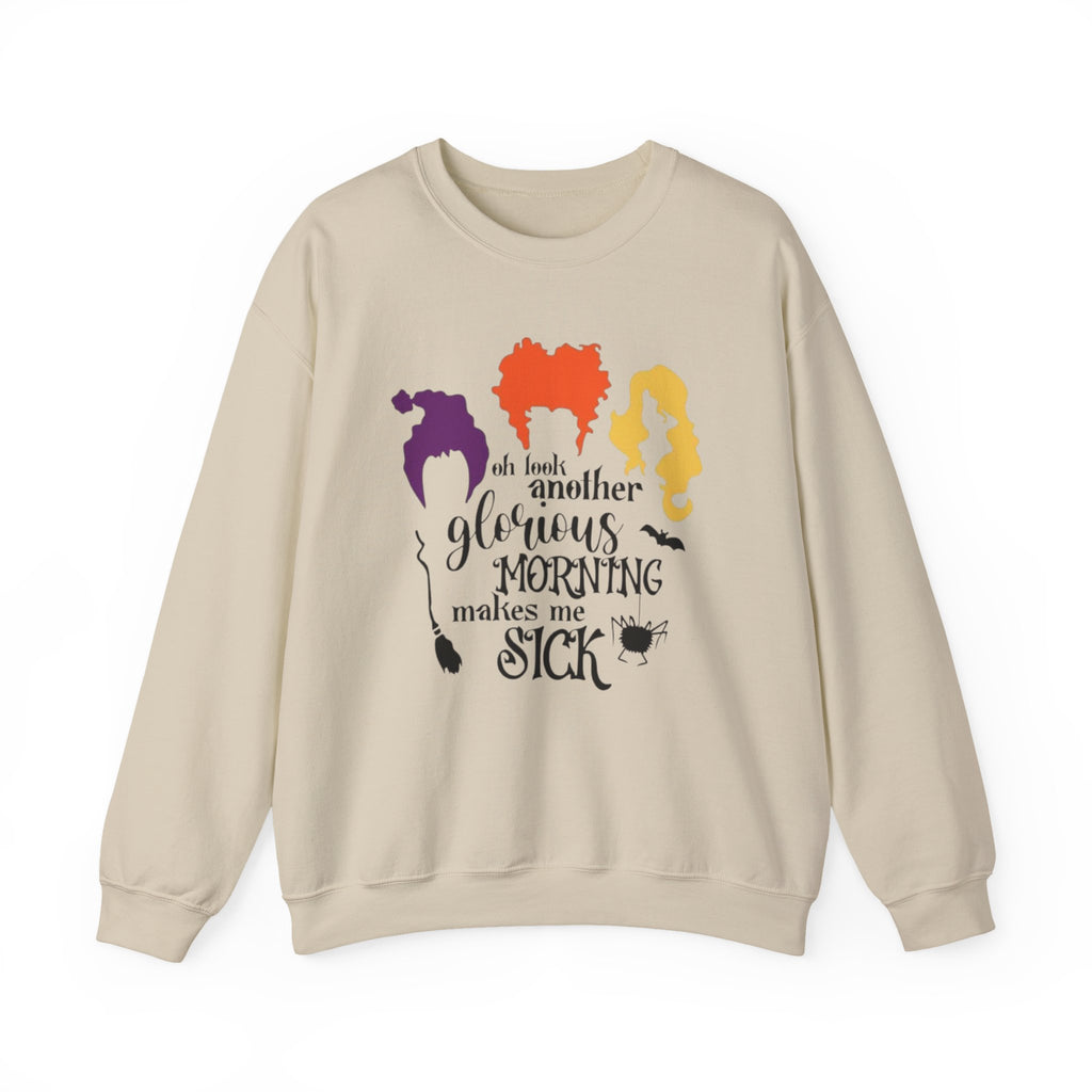 Crewneck Sweatshirt — “Another Glorious Morning Makes Me Sick” Hocus Pocus Witch Silhouette Pullover by Printify