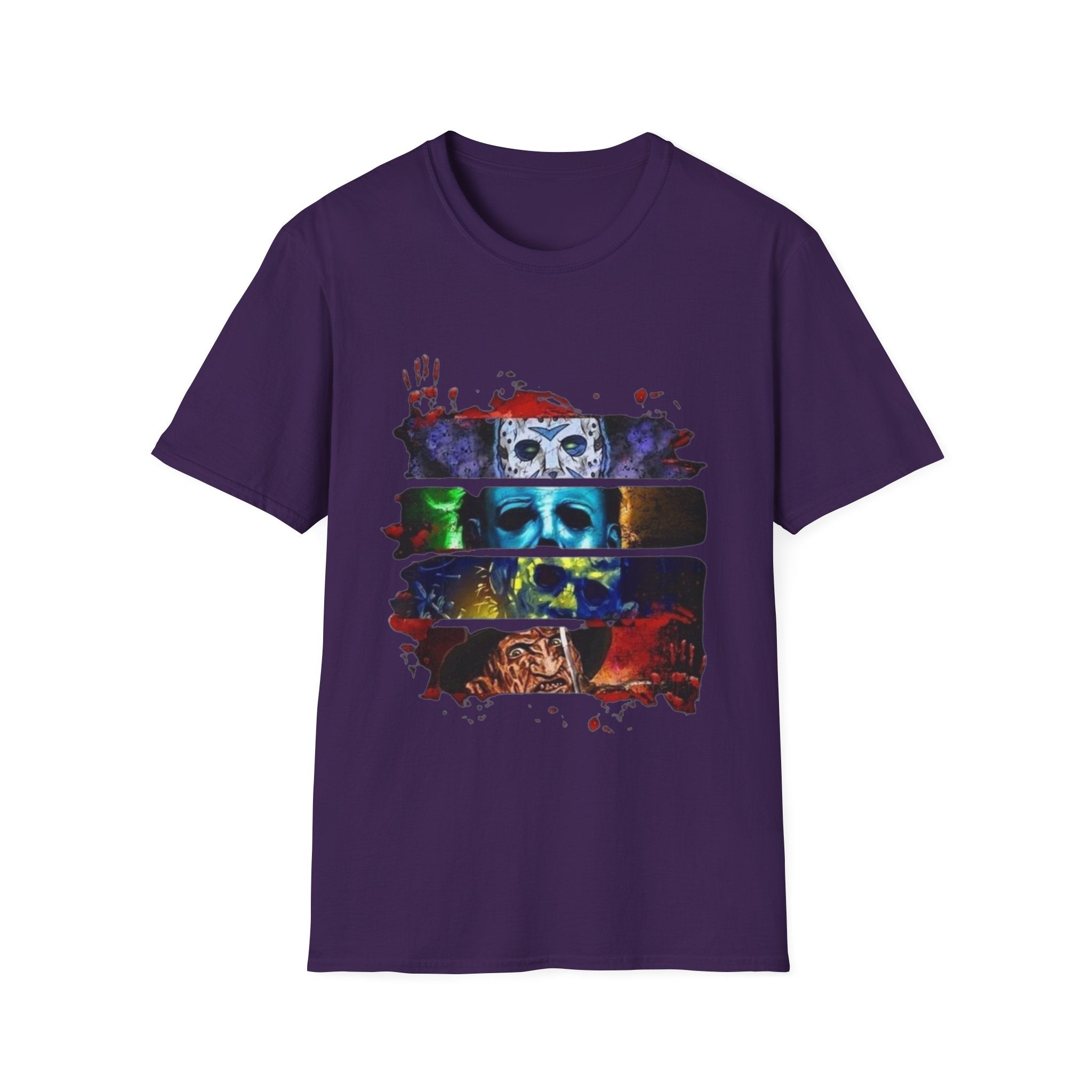 Horror Mask Split-Panel T-Shirt — Retro Slasher Movie Graphic Tee by Printify
