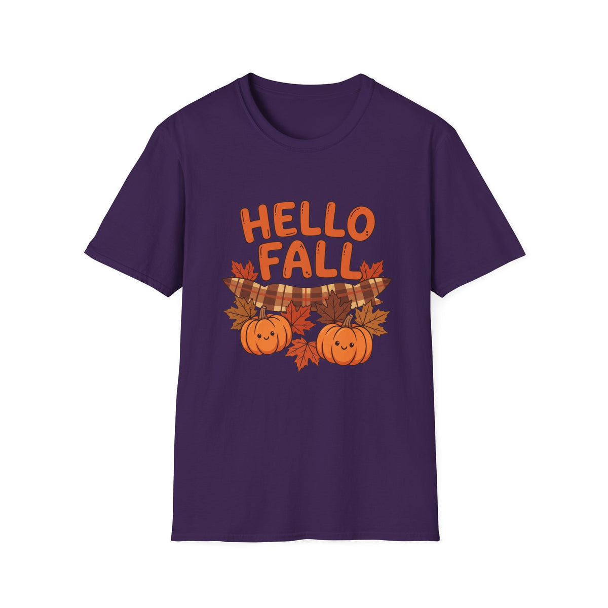 Hello Fall T-Shirt — Cute Pumpkin & Plaid Leaves Autumn Tee by Printify