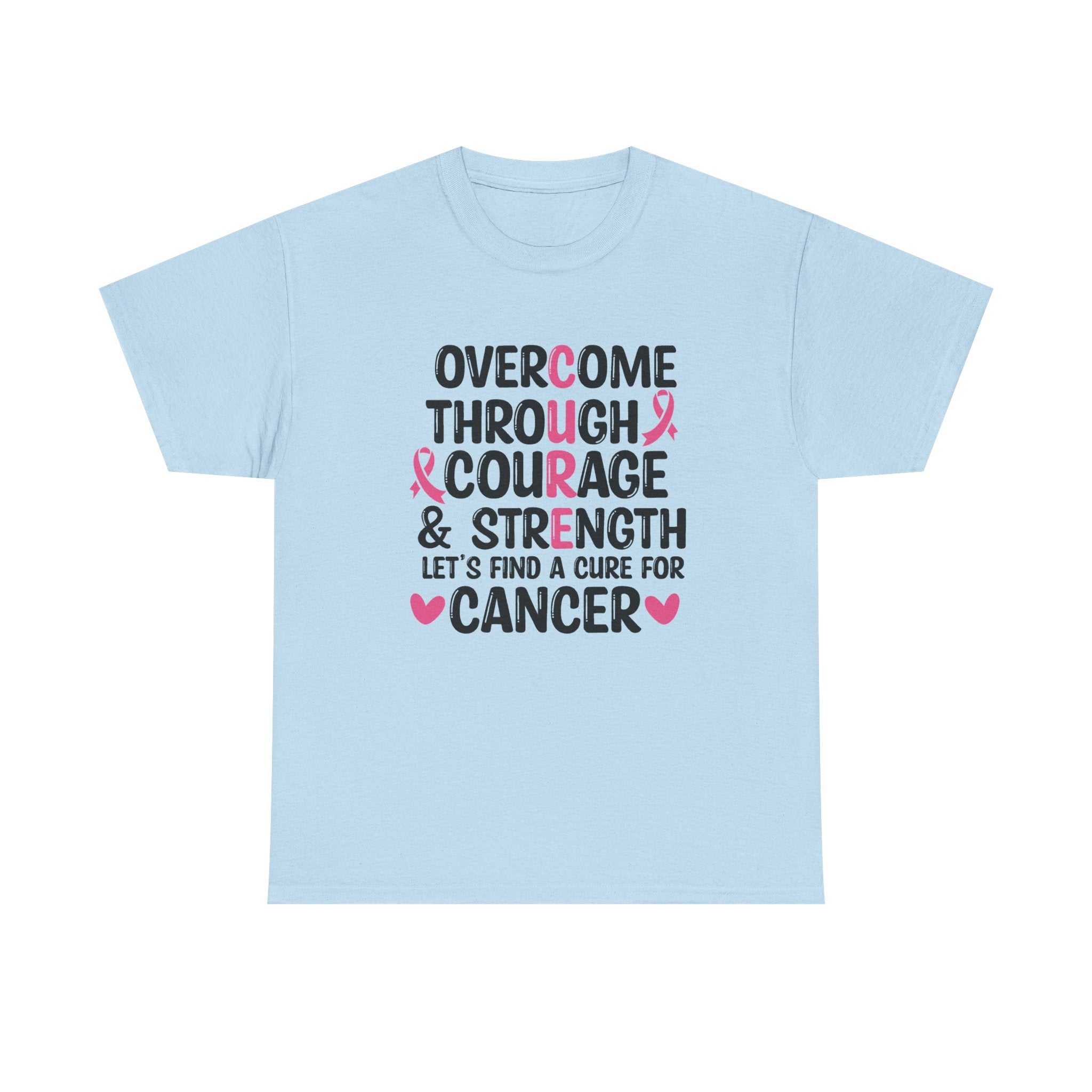 Breast Cancer Awareness Tee — "Overcome Through Courage & Strength" Motivational Shirt by Printify