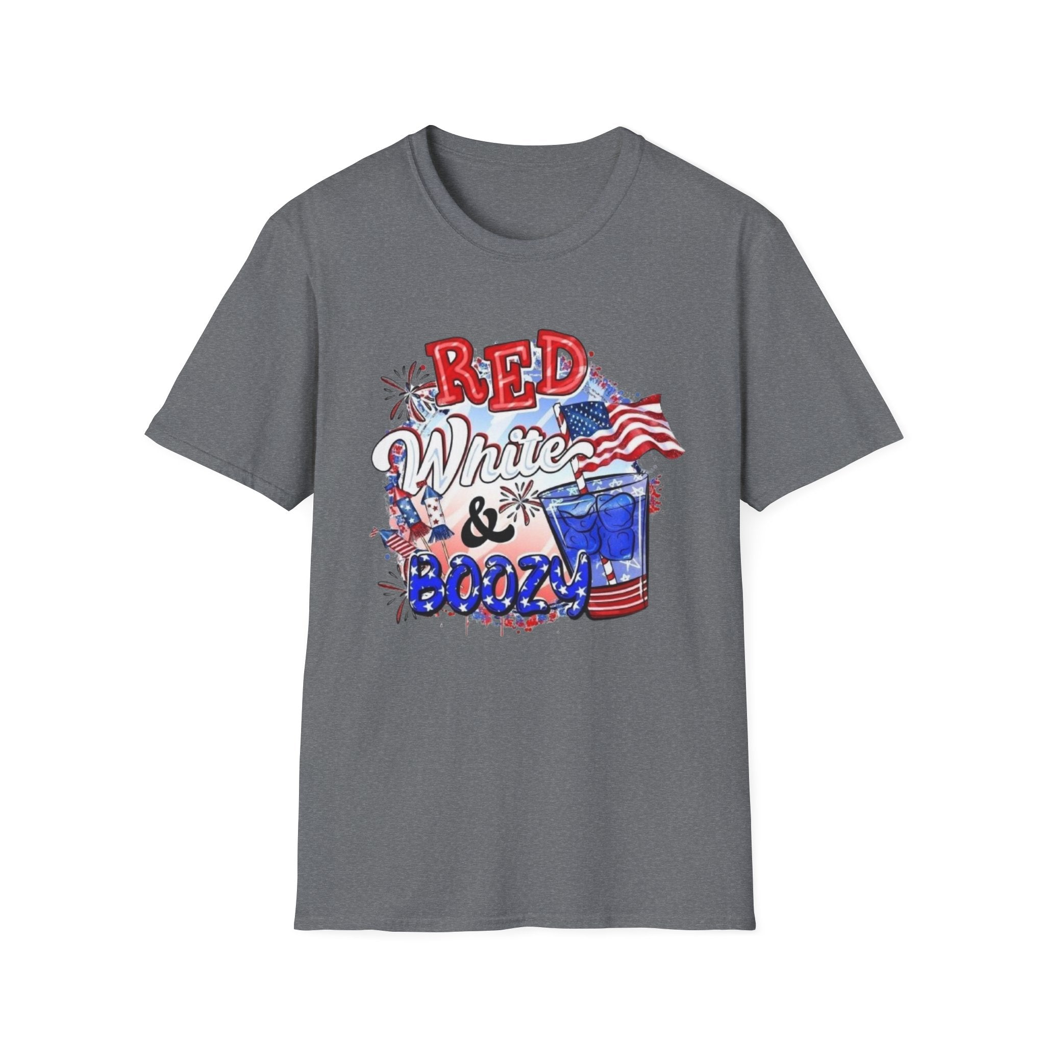 Red, White & Boozy Unisex Softstyle T-Shirt | Patriotic Tee, Independence Day Shirt, Summer Party Wear, BBQ Outfit, Casual Gift by Printify