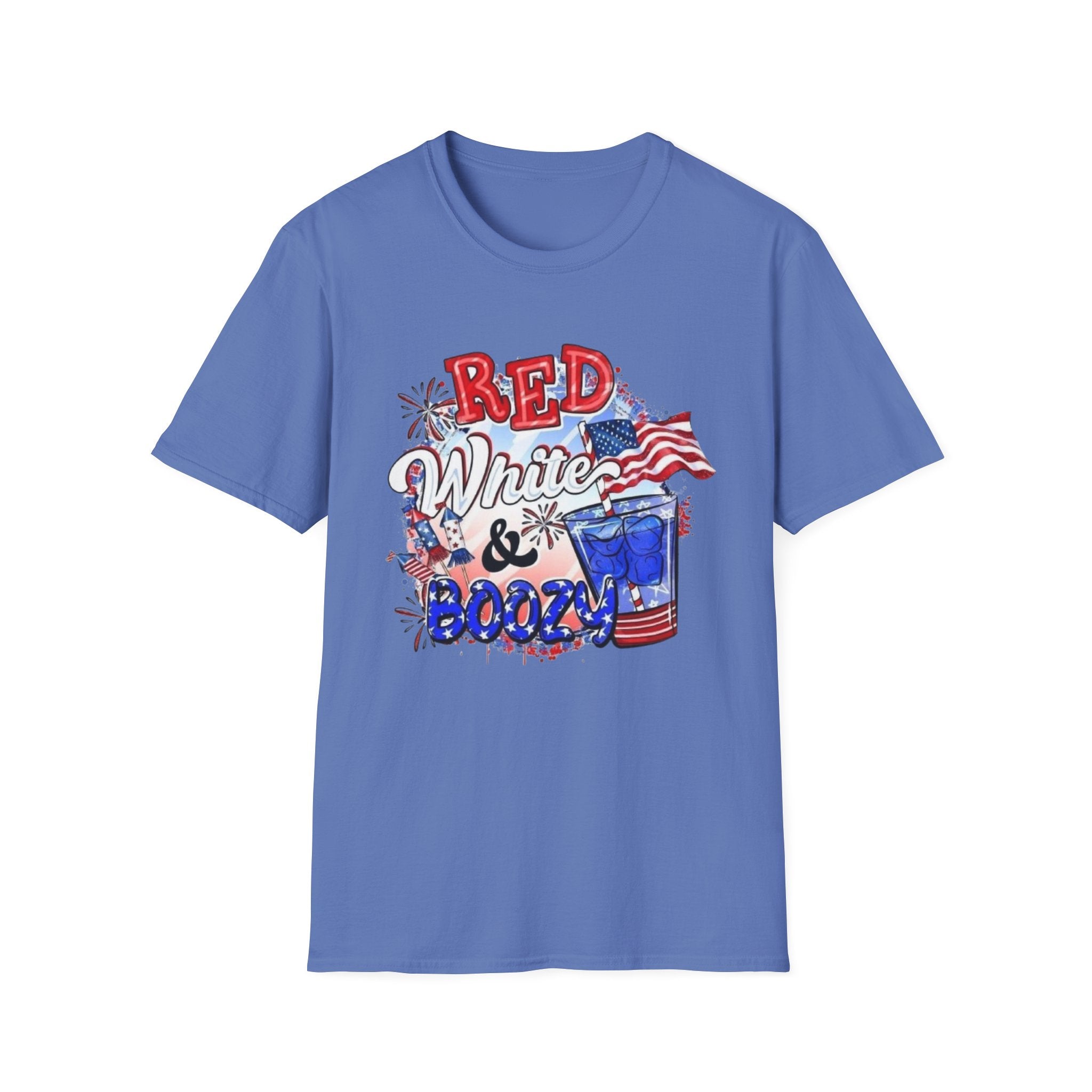 Red, White & Boozy Unisex Softstyle T-Shirt | Patriotic Tee, Independence Day Shirt, Summer Party Wear, BBQ Outfit, Casual Gift by Printify