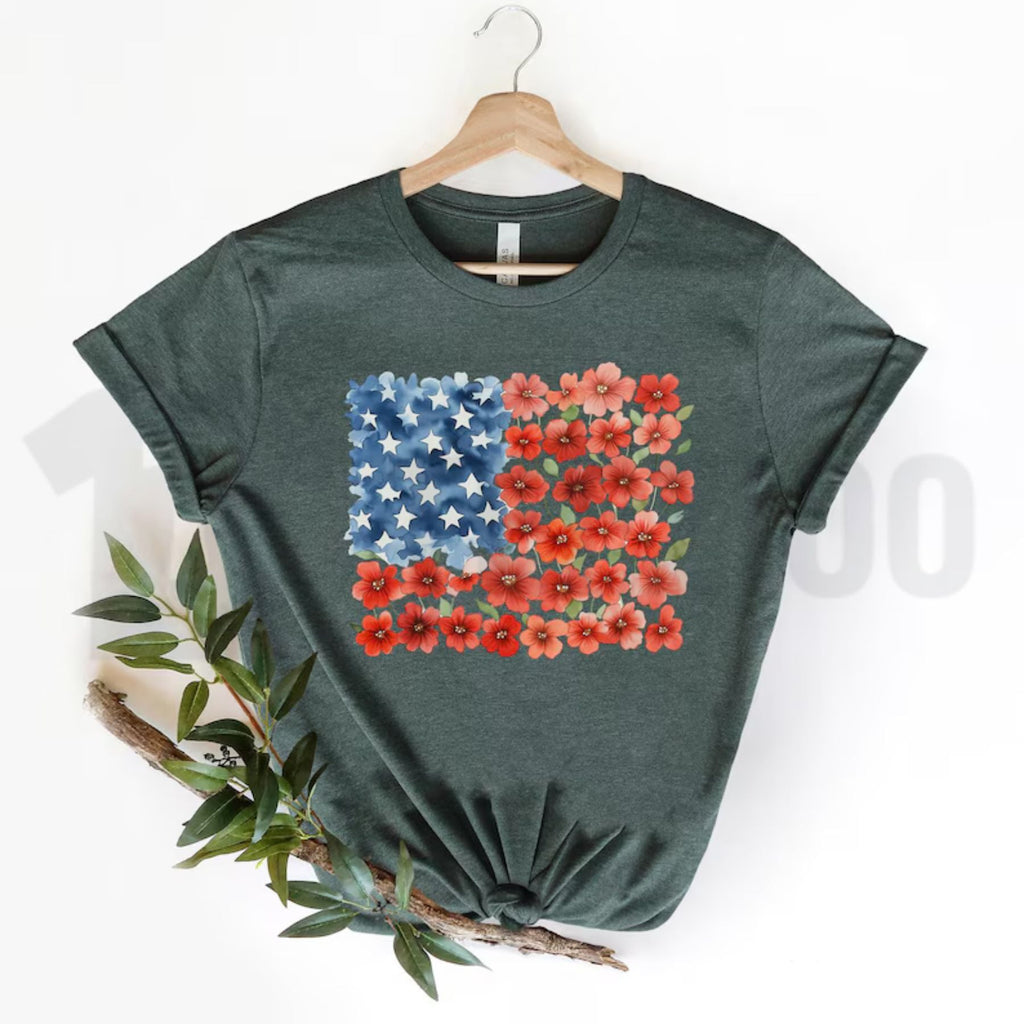 Floral American Flag Graphic T-Shirt – Patriotic Red Poppy 4th Of July Women’s Tee, Elegant Independence Day Apparel by Teezioo
