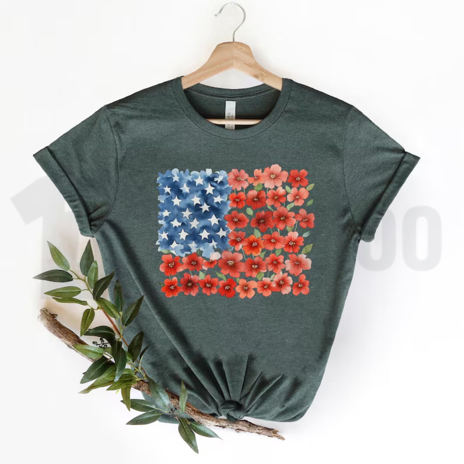 Floral American Flag Graphic T-Shirt – Patriotic Red Poppy 4th Of July Women’s Tee, Elegant Independence Day Apparel by Teezioo
