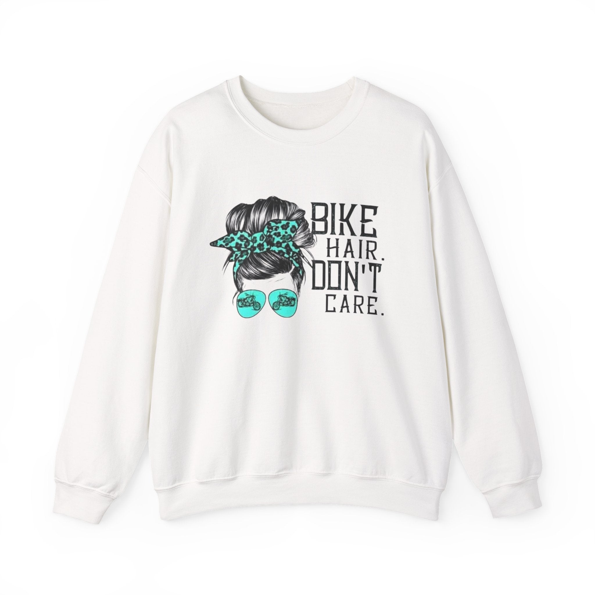 Sweatshirt — "Bike Hair Don’t Care" Graphic Crewneck by Printify