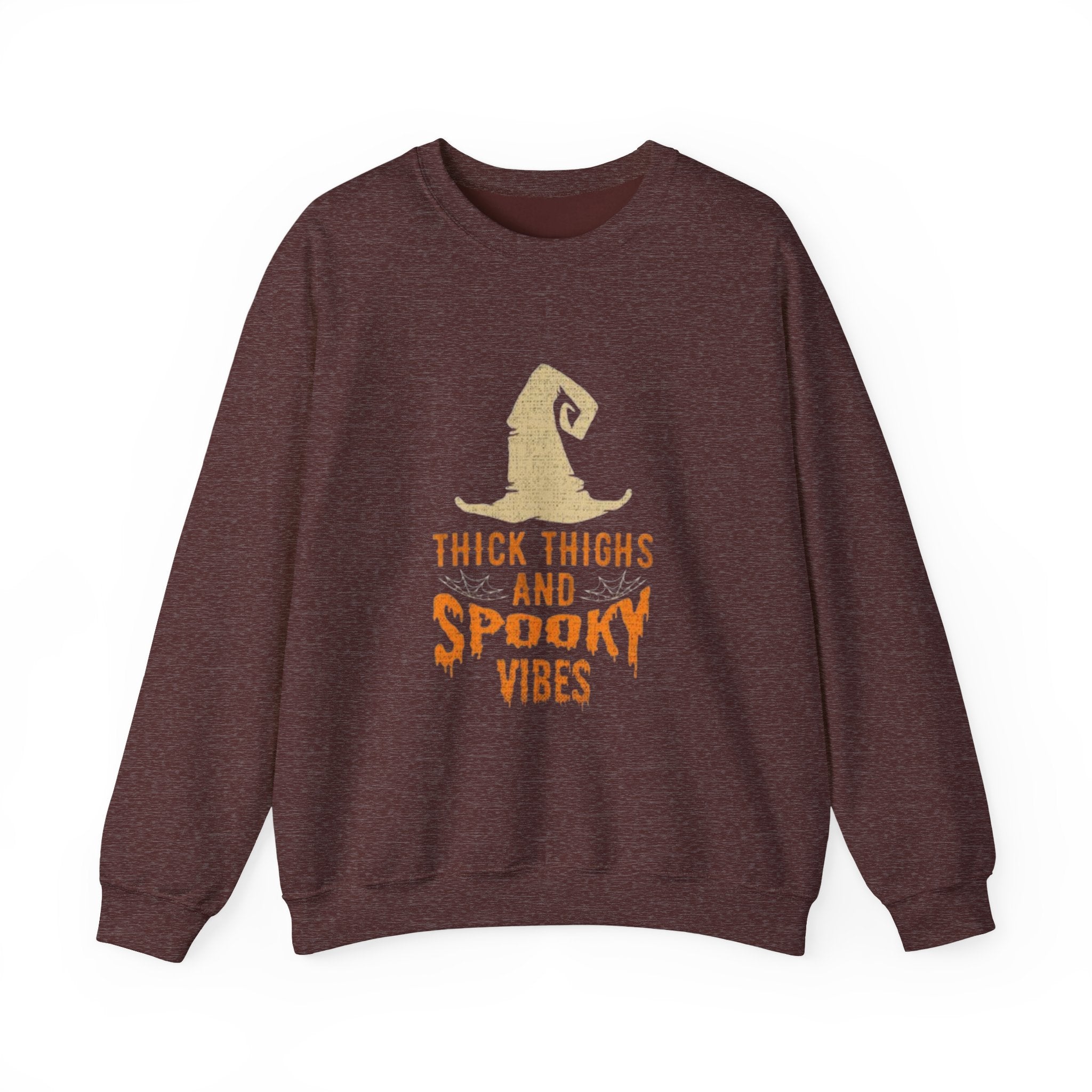 Spooky Vibes Sweatshirt — "Thick Thighs and Spooky Vibes" Halloween Crewneck by Printify