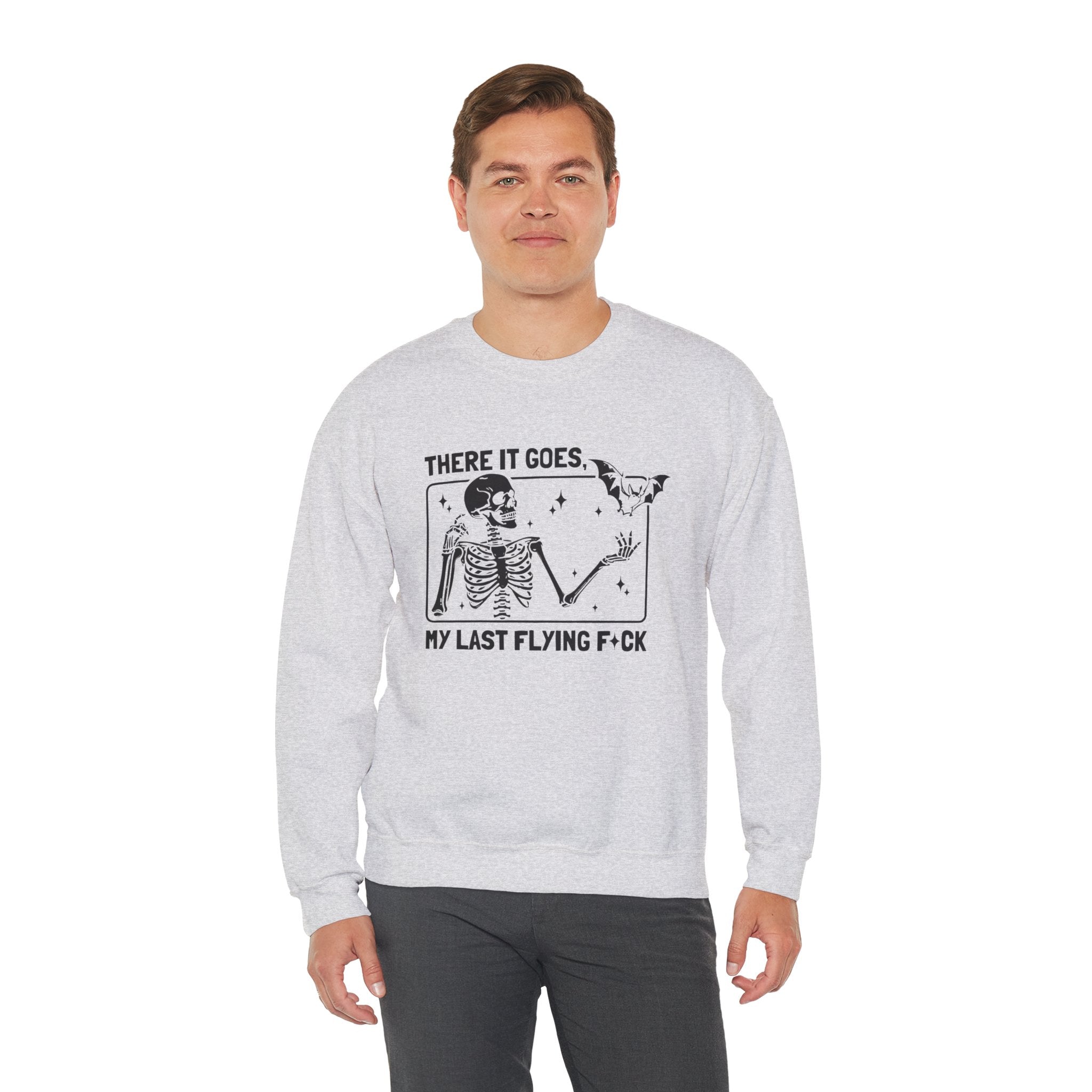 Crewneck Sweatshirt — "There It Goes, My Last Flying F*ck" Skeleton Graphic by Printify