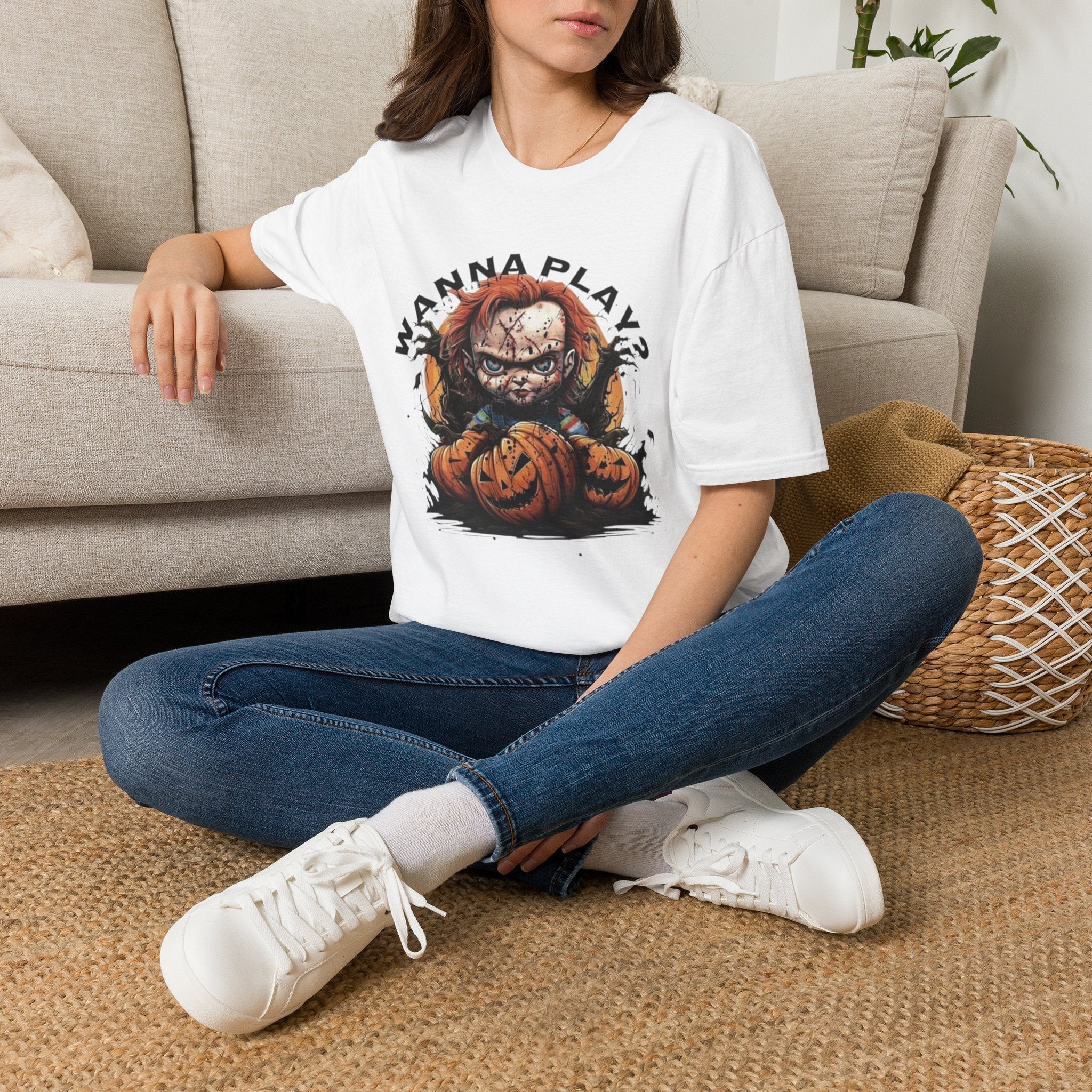 Horror Doll "Wanna Play?" T-Shirt by Printify