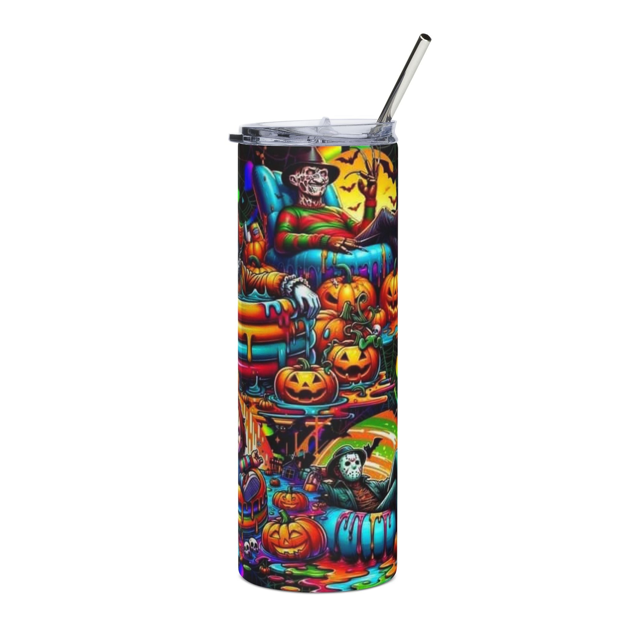 20oz Halloween Horror Tumbler — Neon Creepy Clown & Pumpkin Night Stainless Steel Travel Cup by Printify