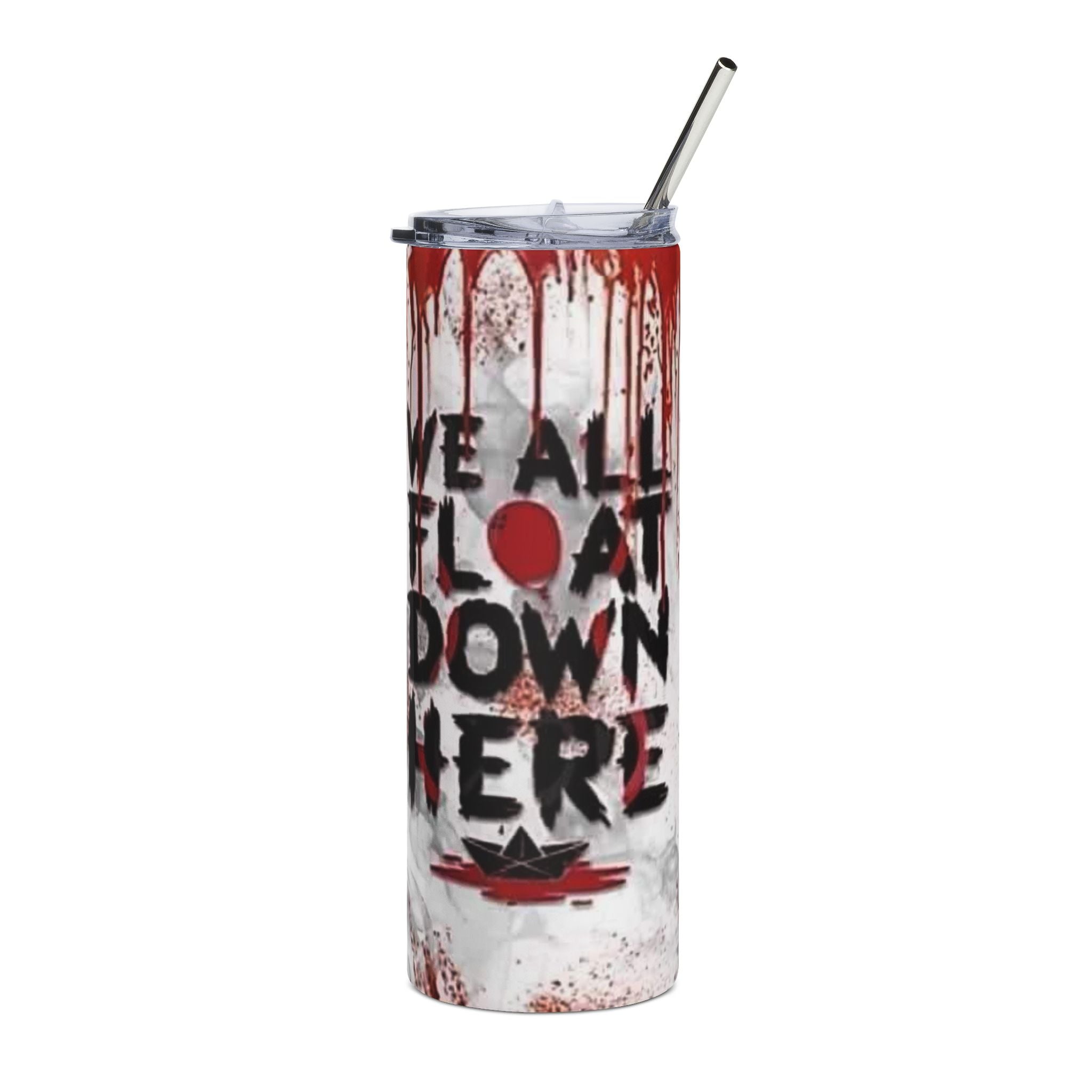 Horror Tumbler — Creepy Clown 'We All Float Down Here' 20oz Stainless Steel Travel Cup by Printify