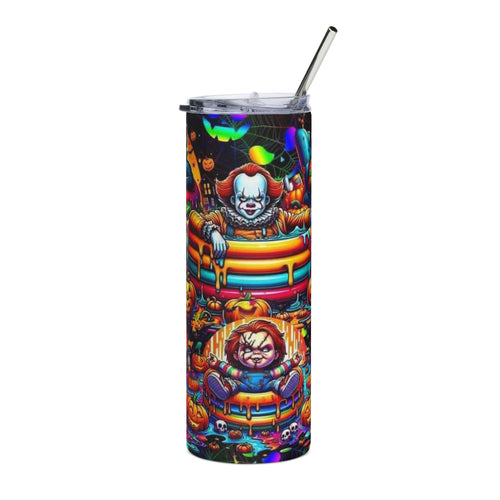 20oz Halloween Horror Tumbler — Neon Creepy Clown & Pumpkin Night Stainless Steel Travel Cup by Printify