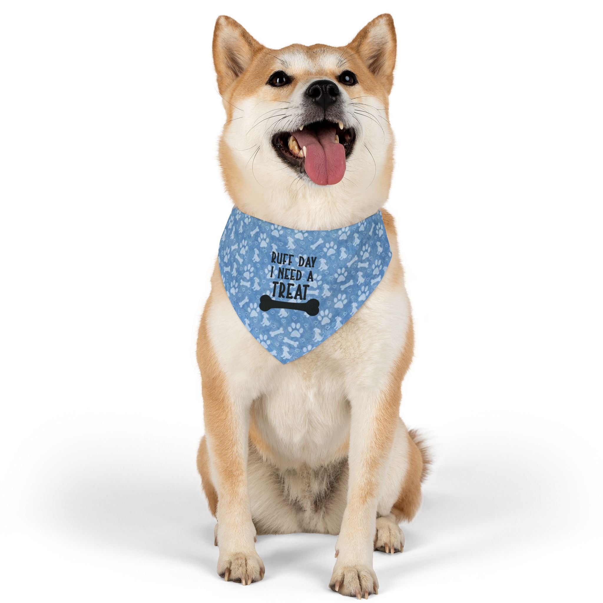 Dog Bandana Collar — "Ruff Day I Need a Treat" Blue Paw Print by Printify