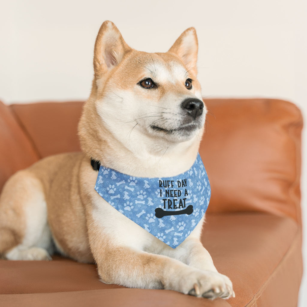 Dog Bandana Collar — "Ruff Day I Need a Treat" Blue Paw Print by Printify