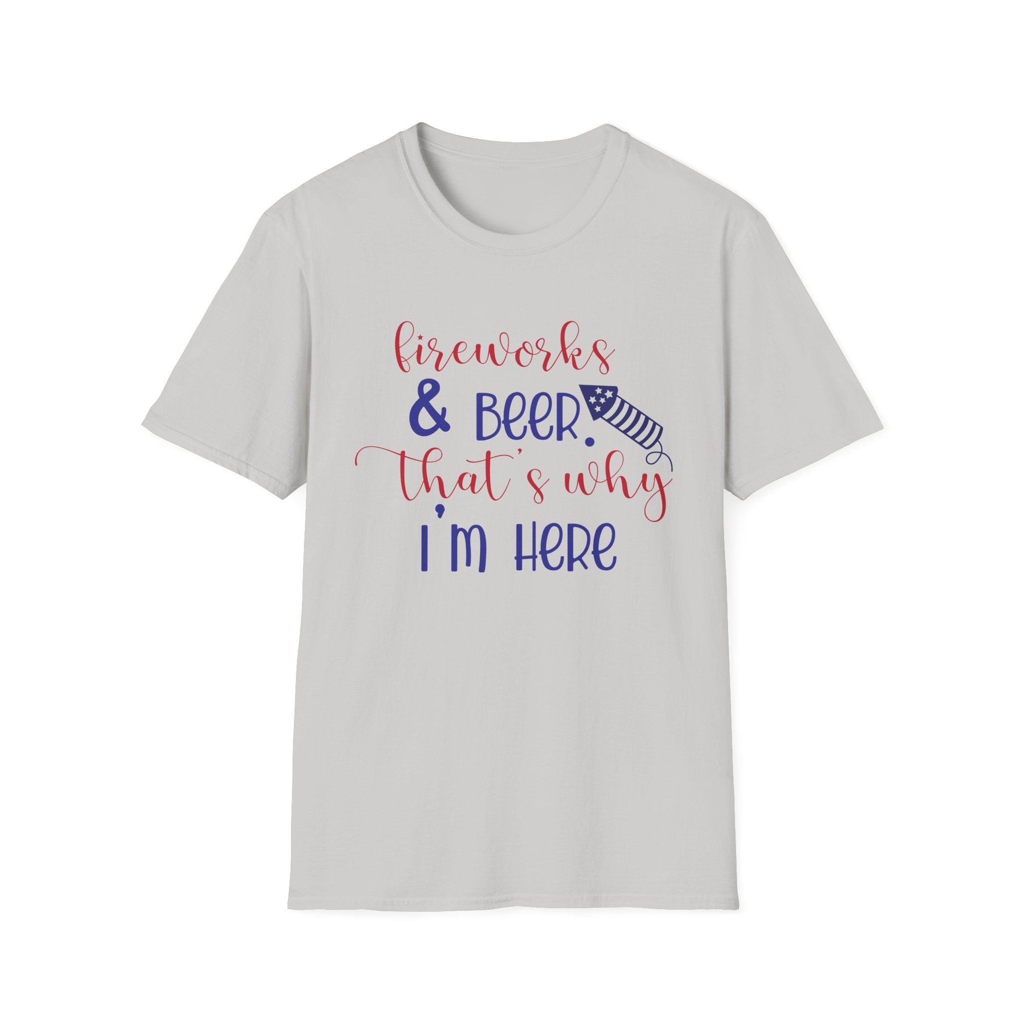 Fireworks & Beer Unisex Softstyle T-Shirt, 4th of July Shirt, Summer BBQ Tee, Celebration Outfit, Casual Party Wear by Printify