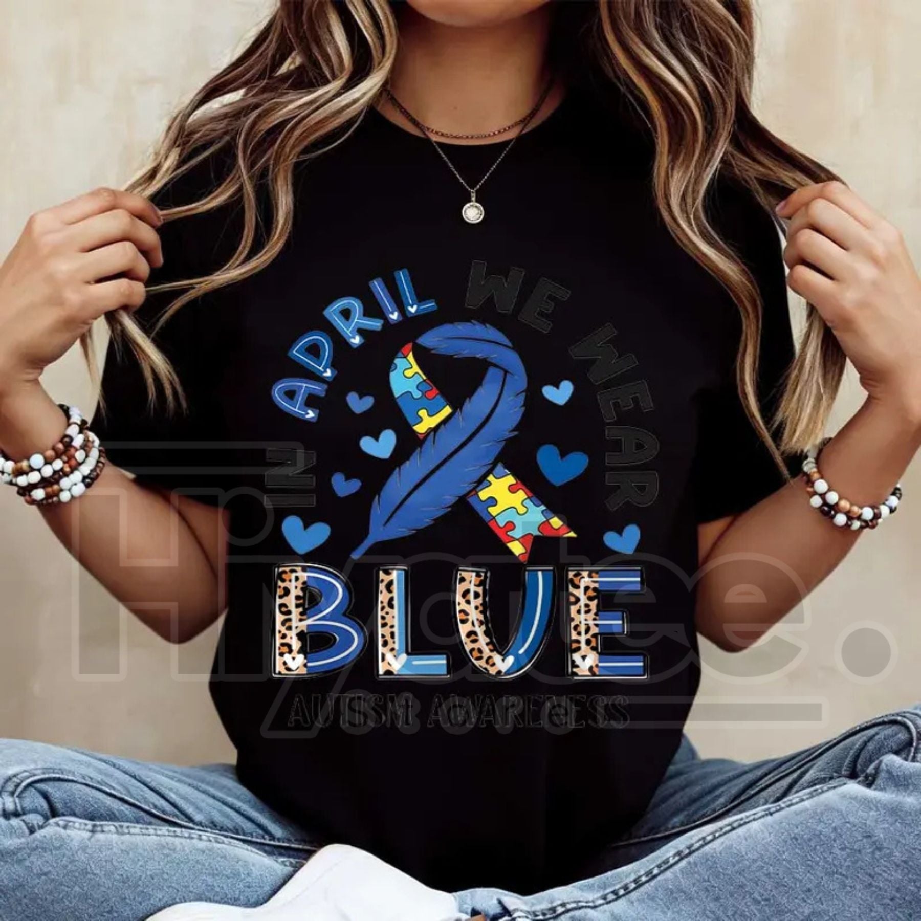 "In April We Wear Blue" Autism Awareness – Ribbon Puzzle Piece Women's Top by Hiyatee