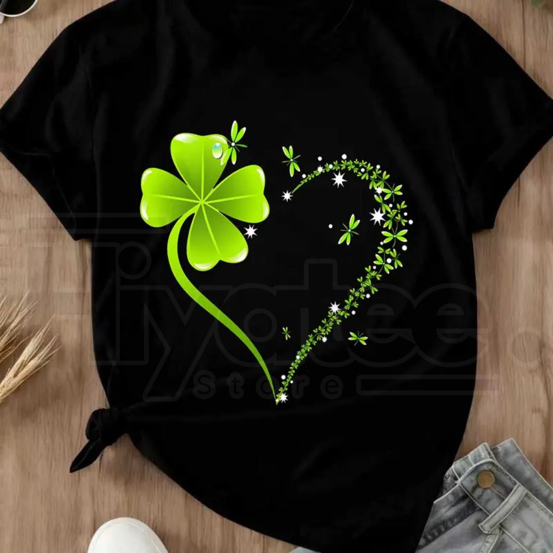 Four Leaf Clover Heart T-Shirt – St. Patrick's Day Celebration Crew Neck by Hiyatee