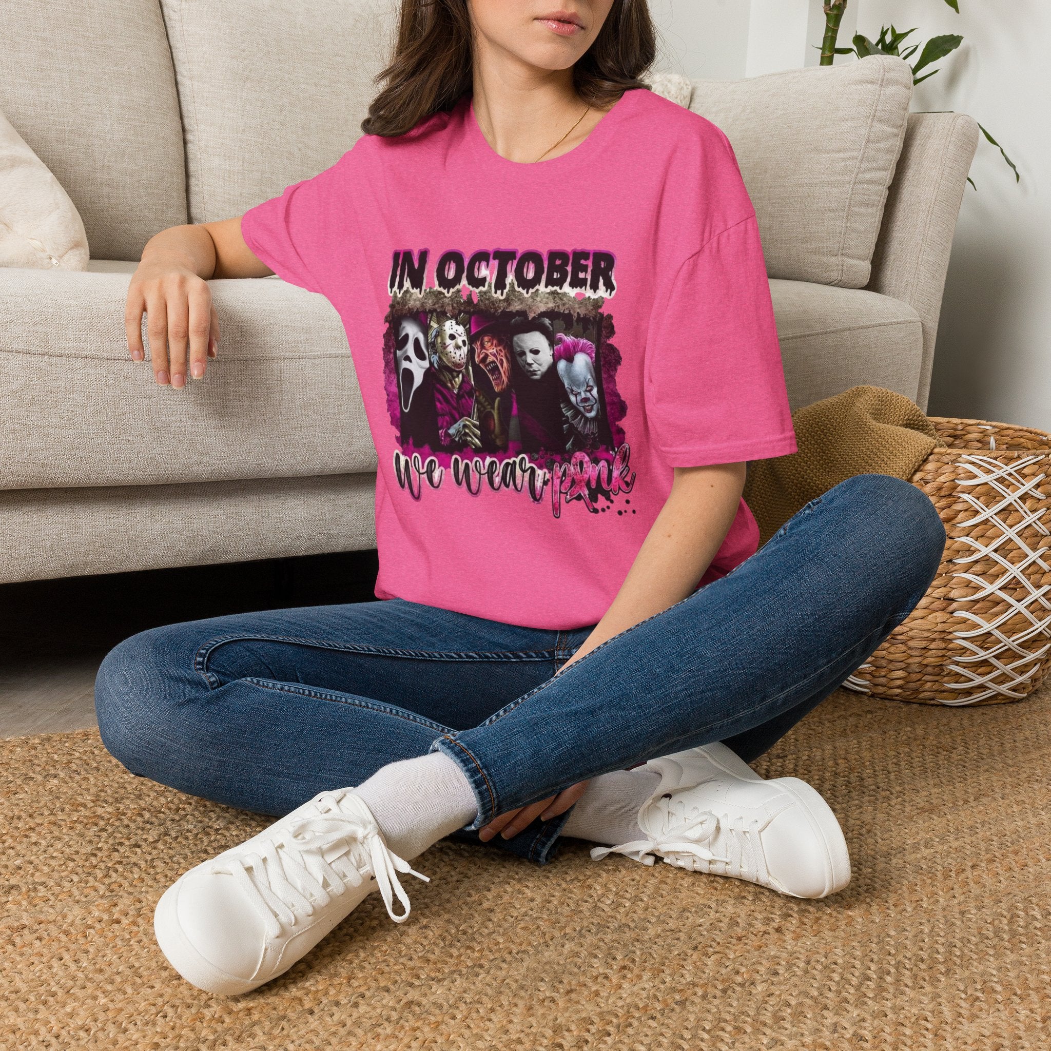 Horror Icons "In October We Wear Pink" T-Shirt by Printify