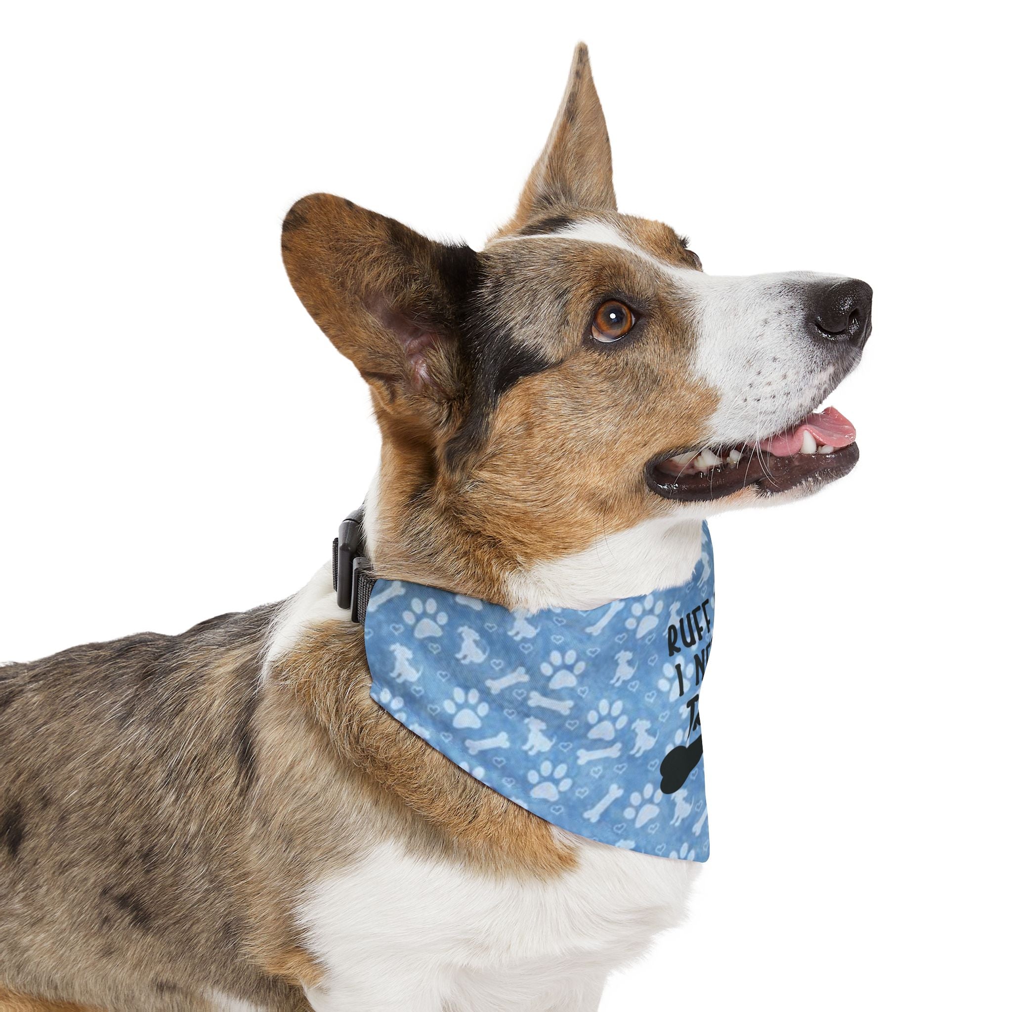 Dog Bandana Collar — "Ruff Day I Need a Treat" Blue Paw Print by Printify