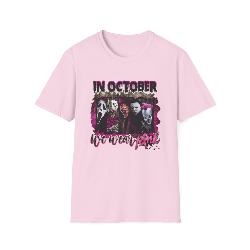Horror Icons "In October We Wear Pink" T-Shirt by Printify