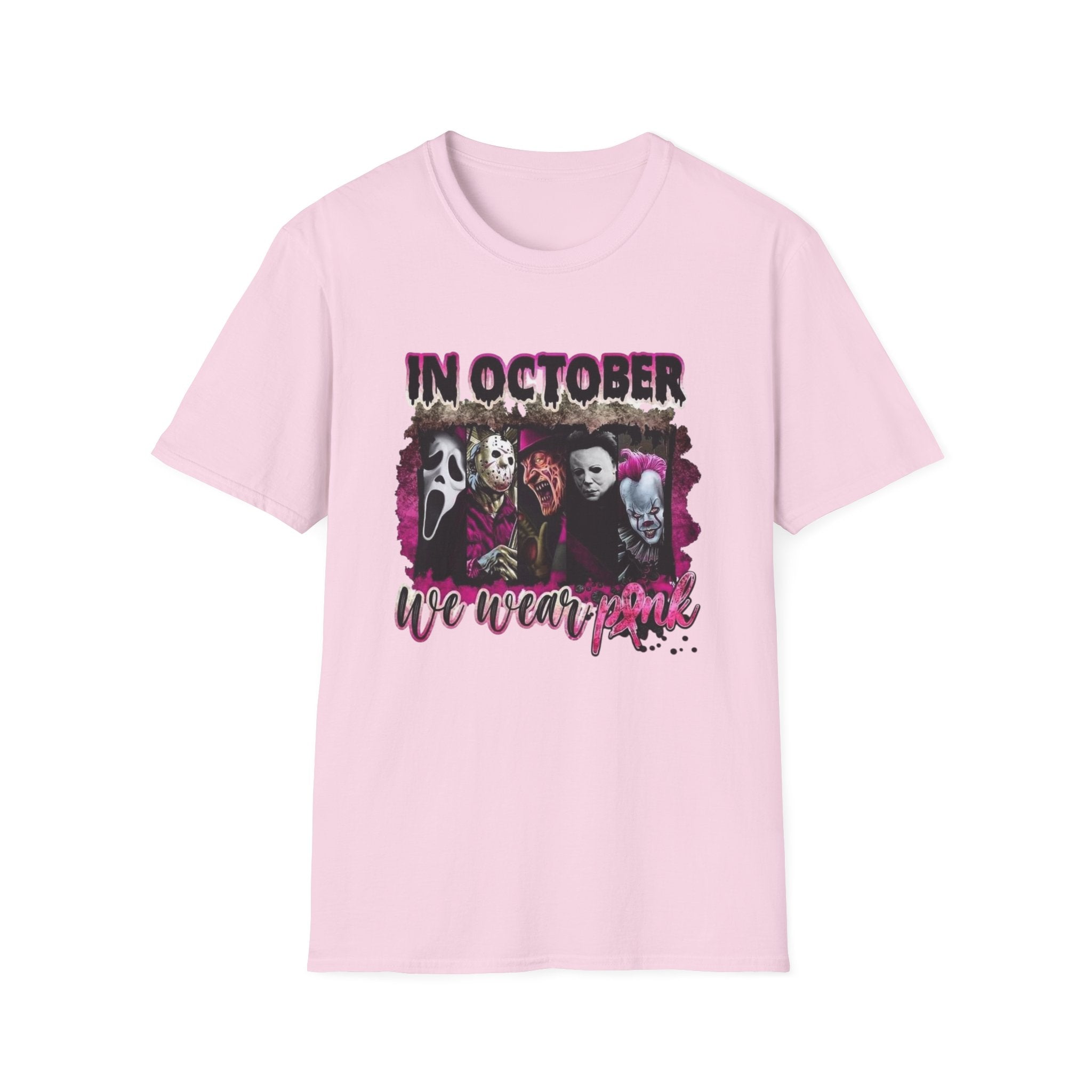Horror Icons "In October We Wear Pink" T-Shirt by Printify