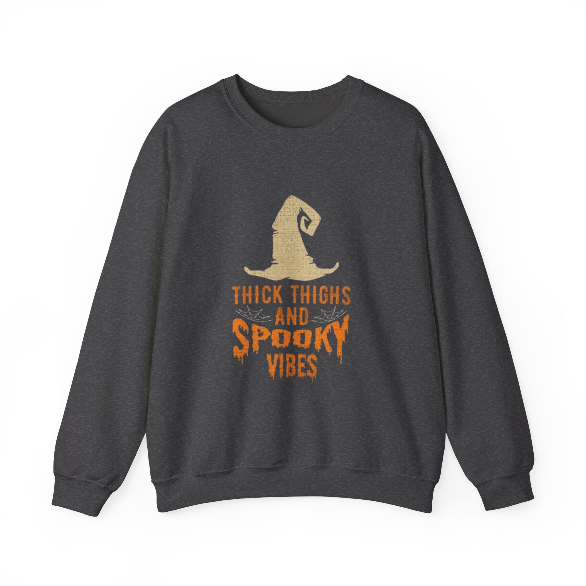 Spooky Vibes Sweatshirt — "Thick Thighs and Spooky Vibes" Halloween Crewneck by Printify
