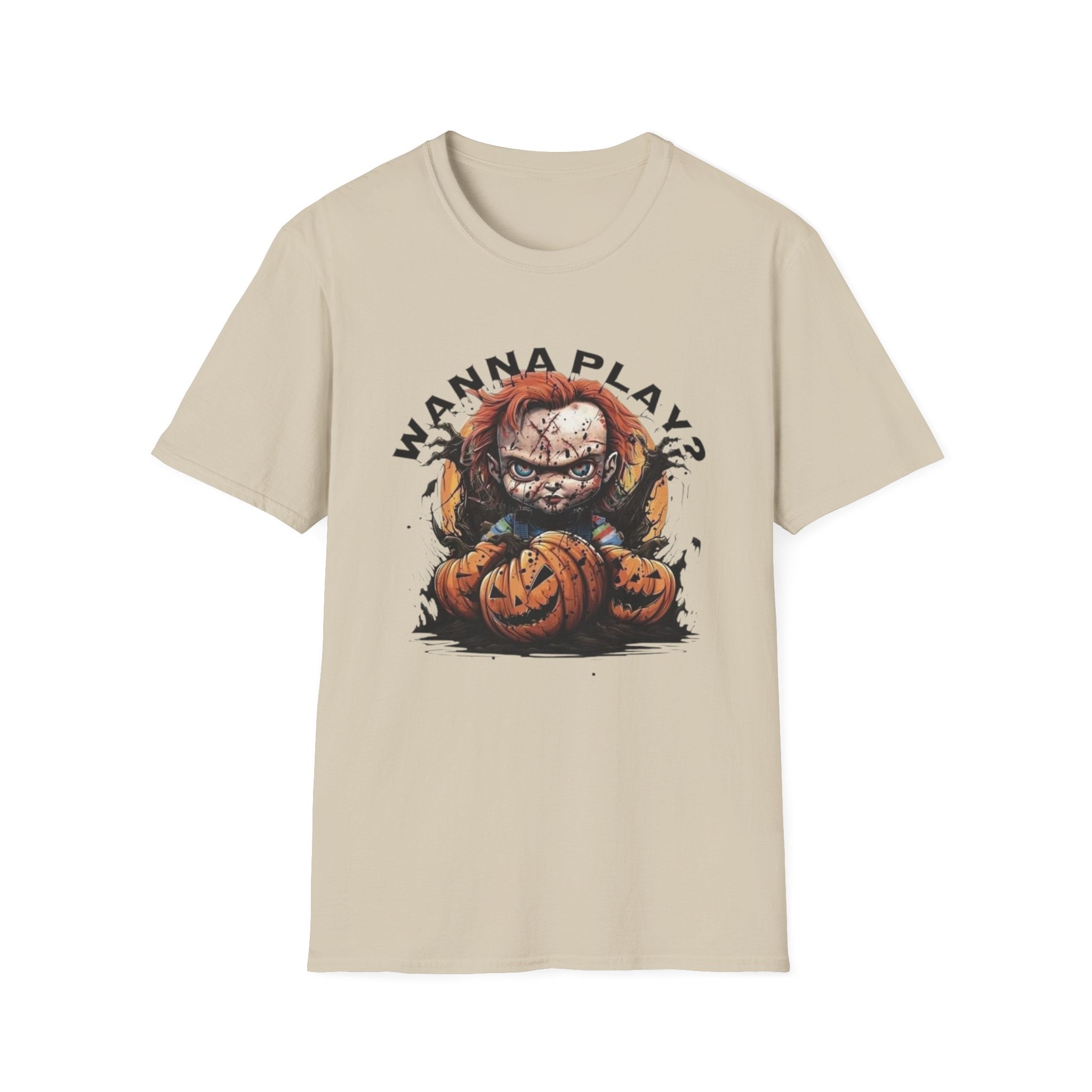 Horror Doll "Wanna Play?" T-Shirt by Printify