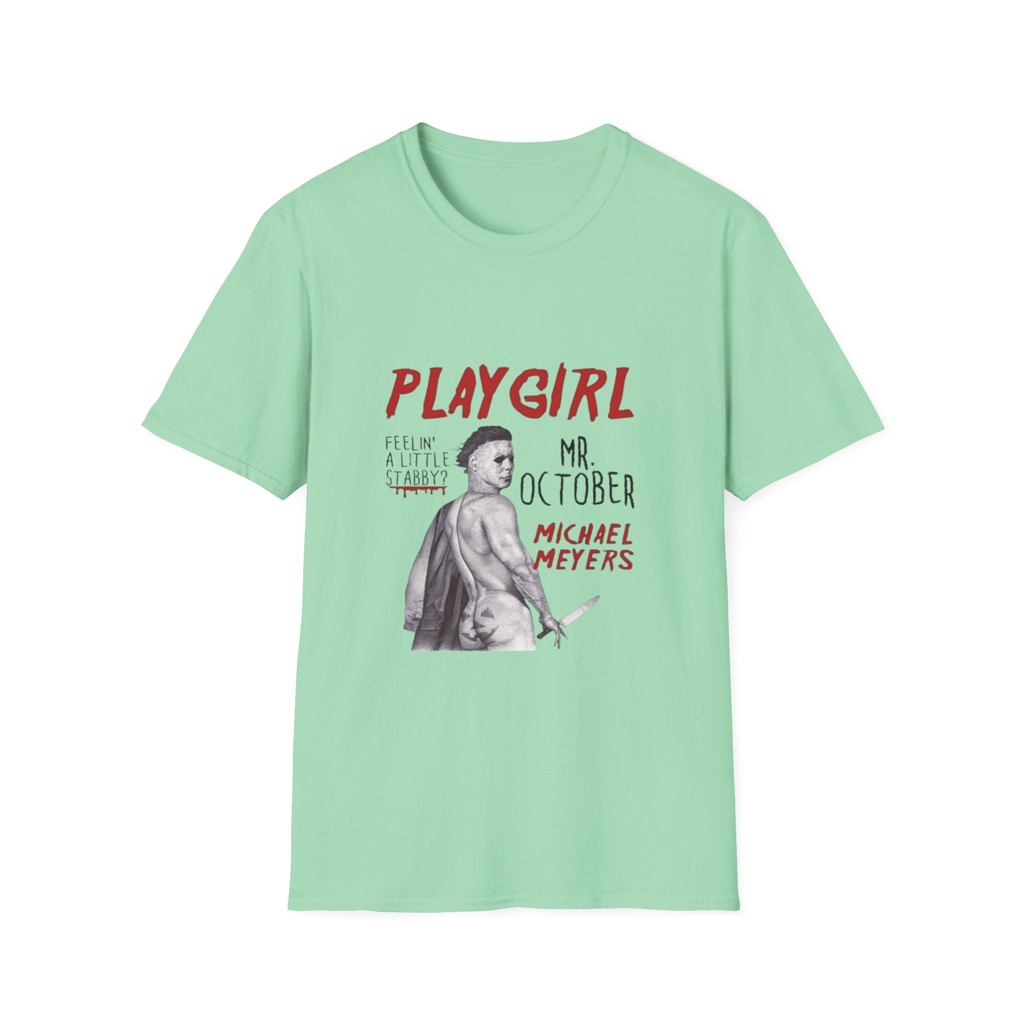 Playgirl Michael Myers T‑Shirt — 'Playgirl' Horror Movie Tee (Mr. October / Feelin' A Little Stabby?) by Printify