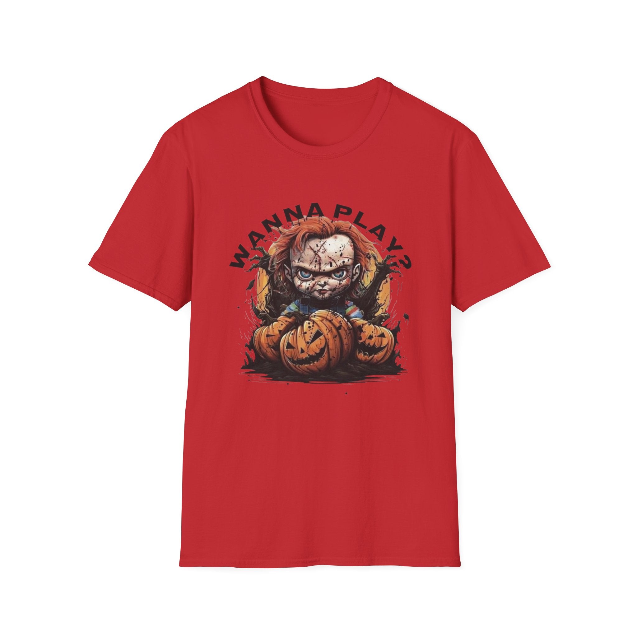 Horror Doll "Wanna Play?" T-Shirt by Printify