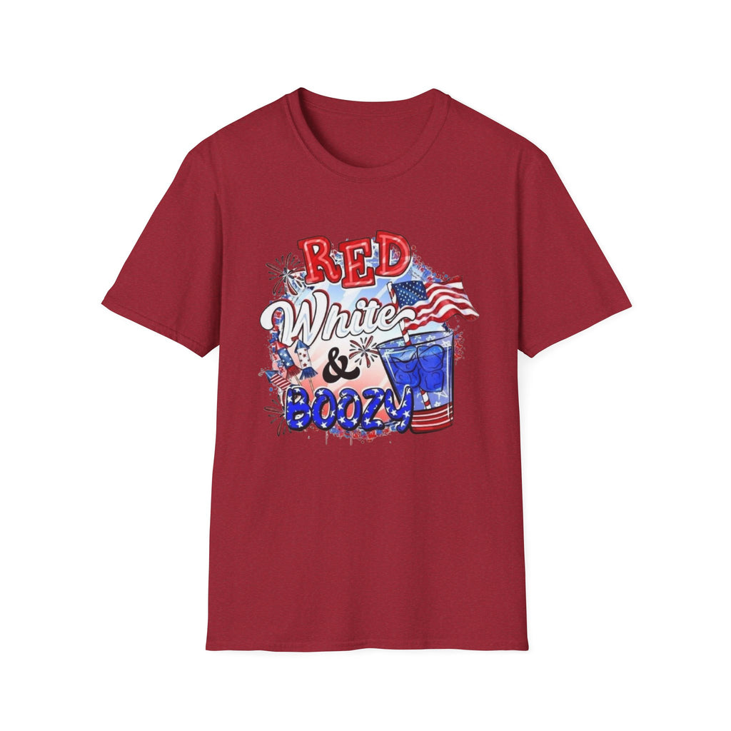 Red, White & Boozy Unisex Softstyle T-Shirt | Patriotic Tee, Independence Day Shirt, Summer Party Wear, BBQ Outfit, Casual Gift by Printify