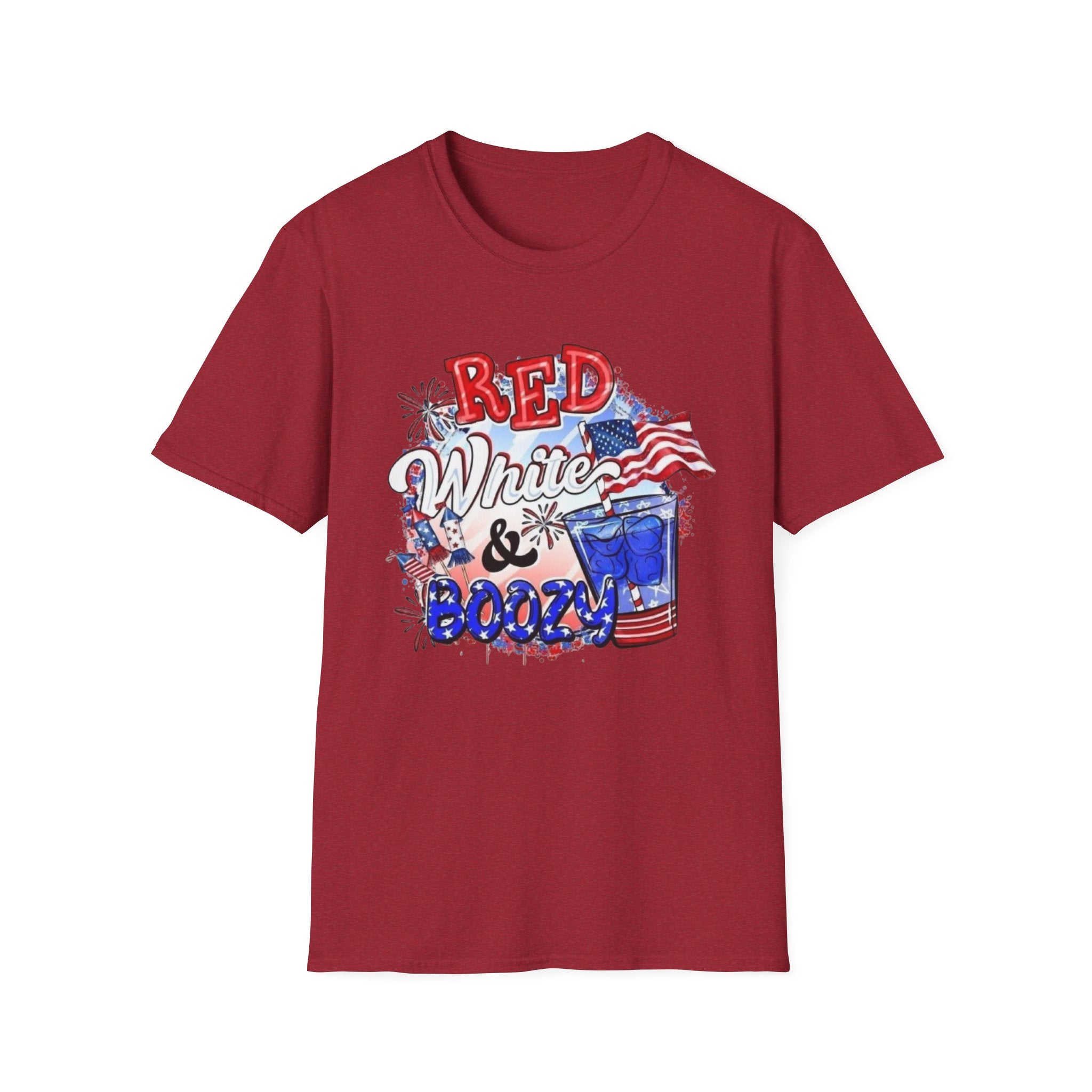 Red, White & Boozy Unisex Softstyle T-Shirt | Patriotic Tee, Independence Day Shirt, Summer Party Wear, BBQ Outfit, Casual Gift by Printify