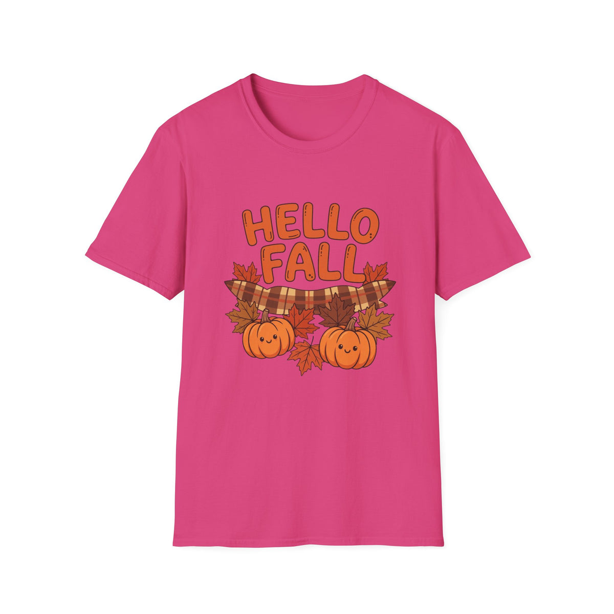 Hello Fall T-Shirt — Cute Pumpkin & Plaid Leaves Autumn Tee by Printify