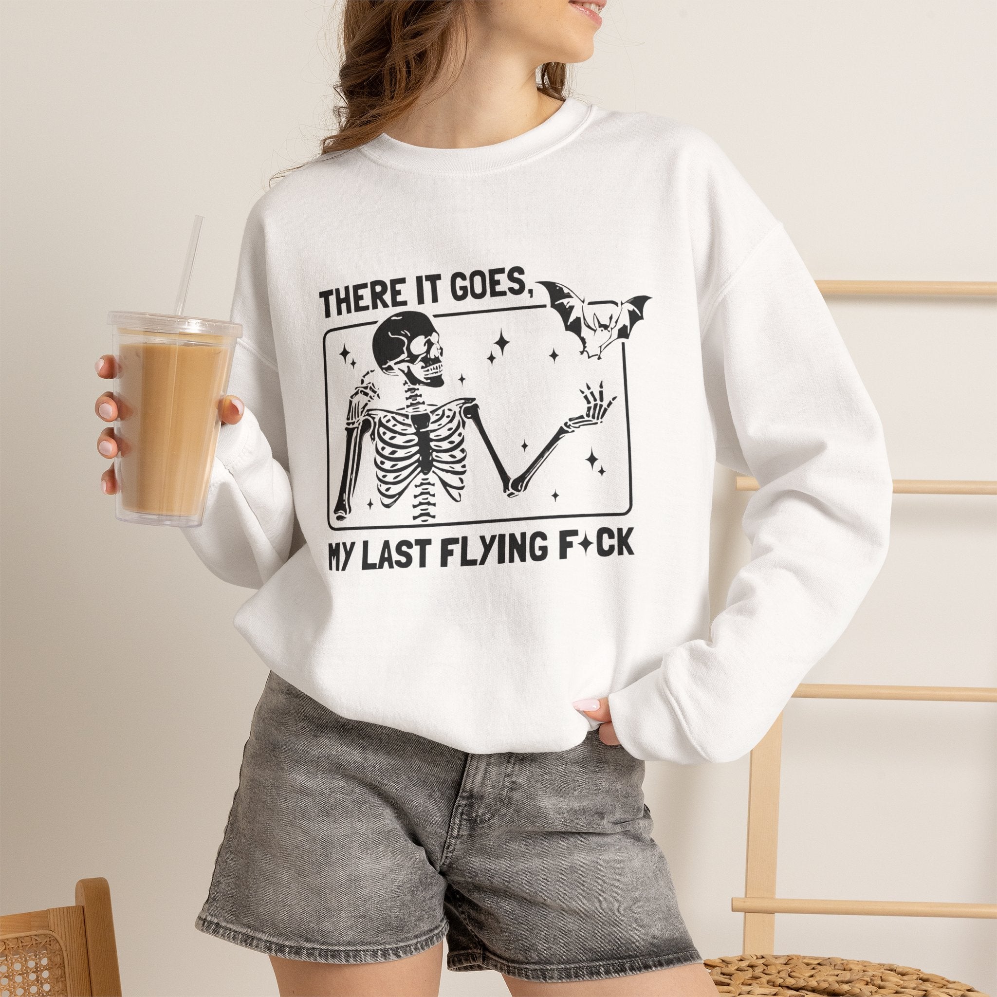 Crewneck Sweatshirt — "There It Goes, My Last Flying F*ck" Skeleton Graphic by Printify