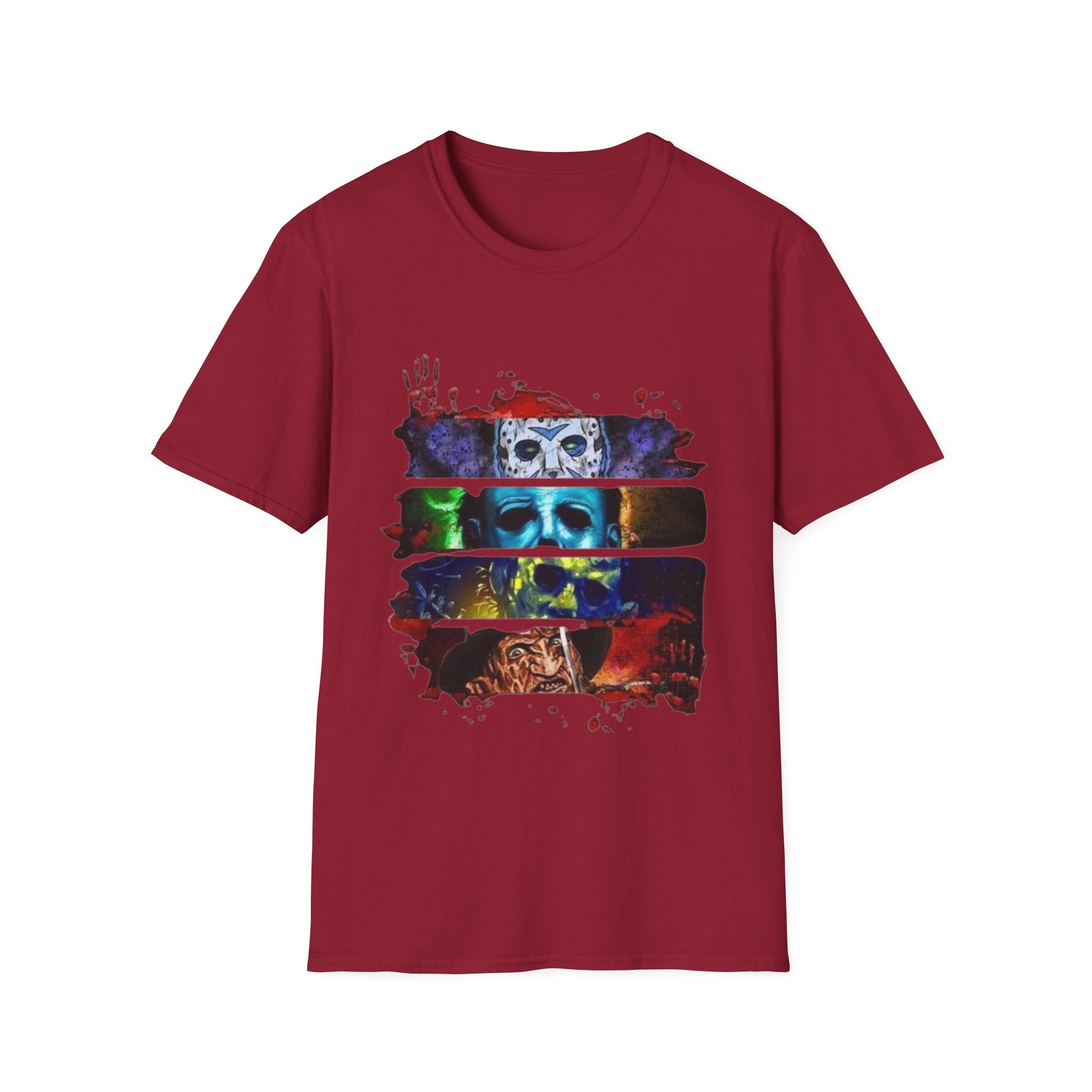 Horror Mask Split-Panel T-Shirt — Retro Slasher Movie Graphic Tee by Printify