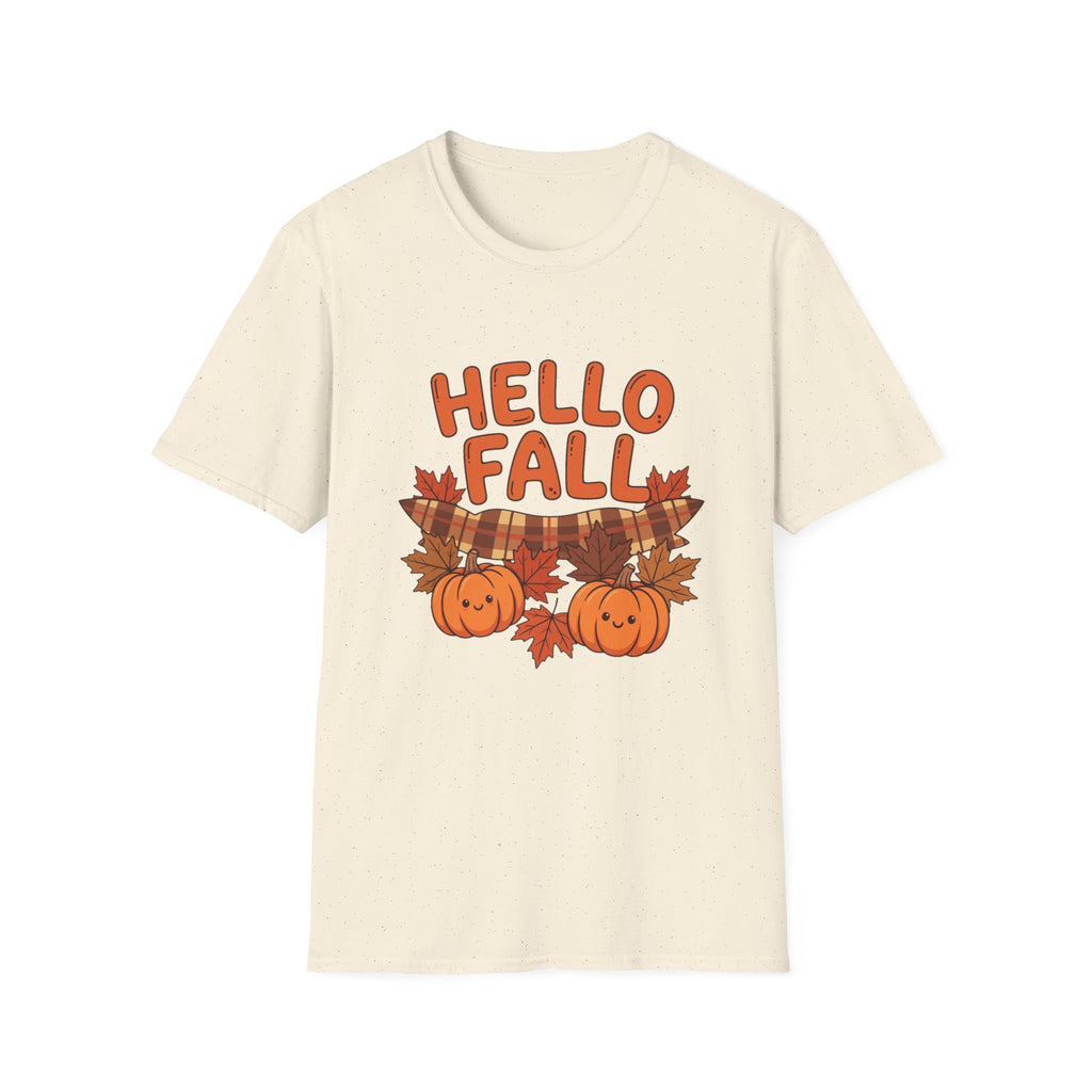 Hello Fall T-Shirt — Cute Pumpkin & Plaid Leaves Autumn Tee by Printify
