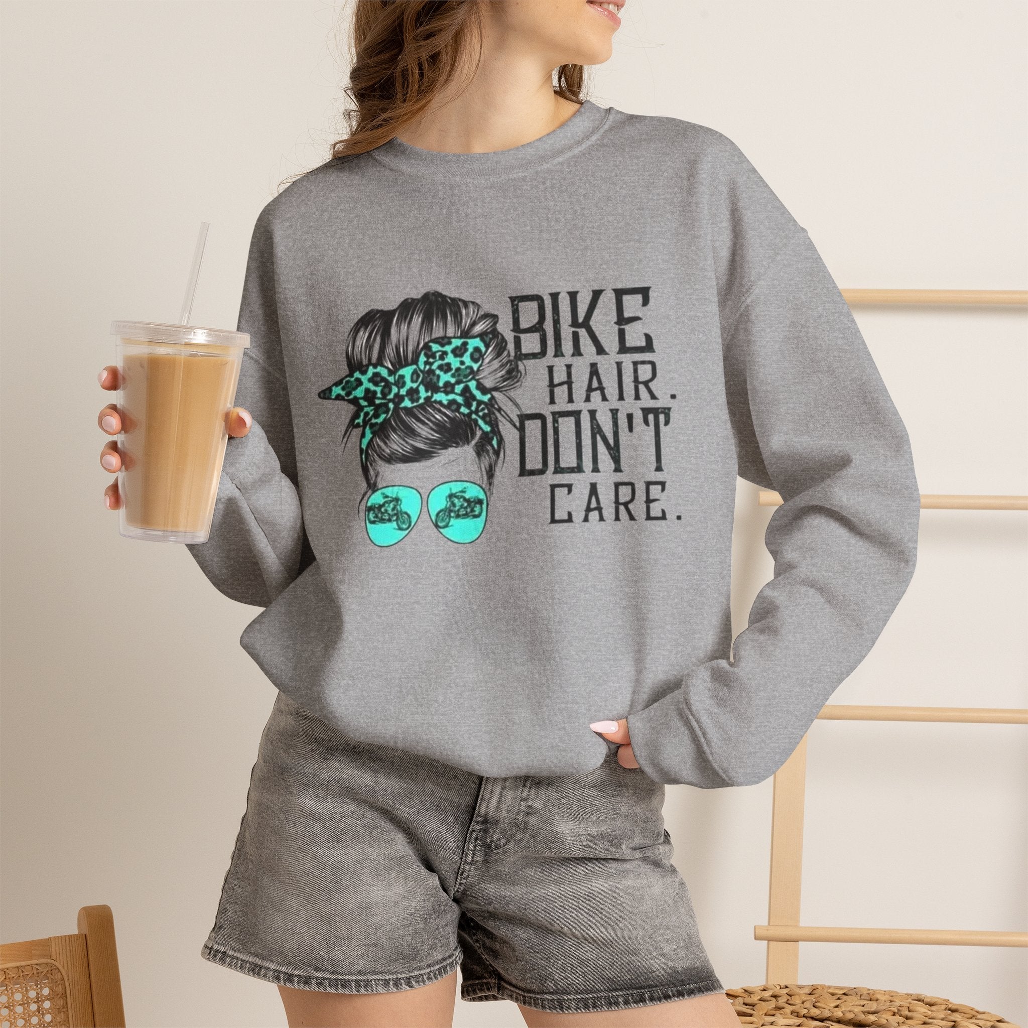 Sweatshirt — "Bike Hair Don’t Care" Graphic Crewneck by Printify