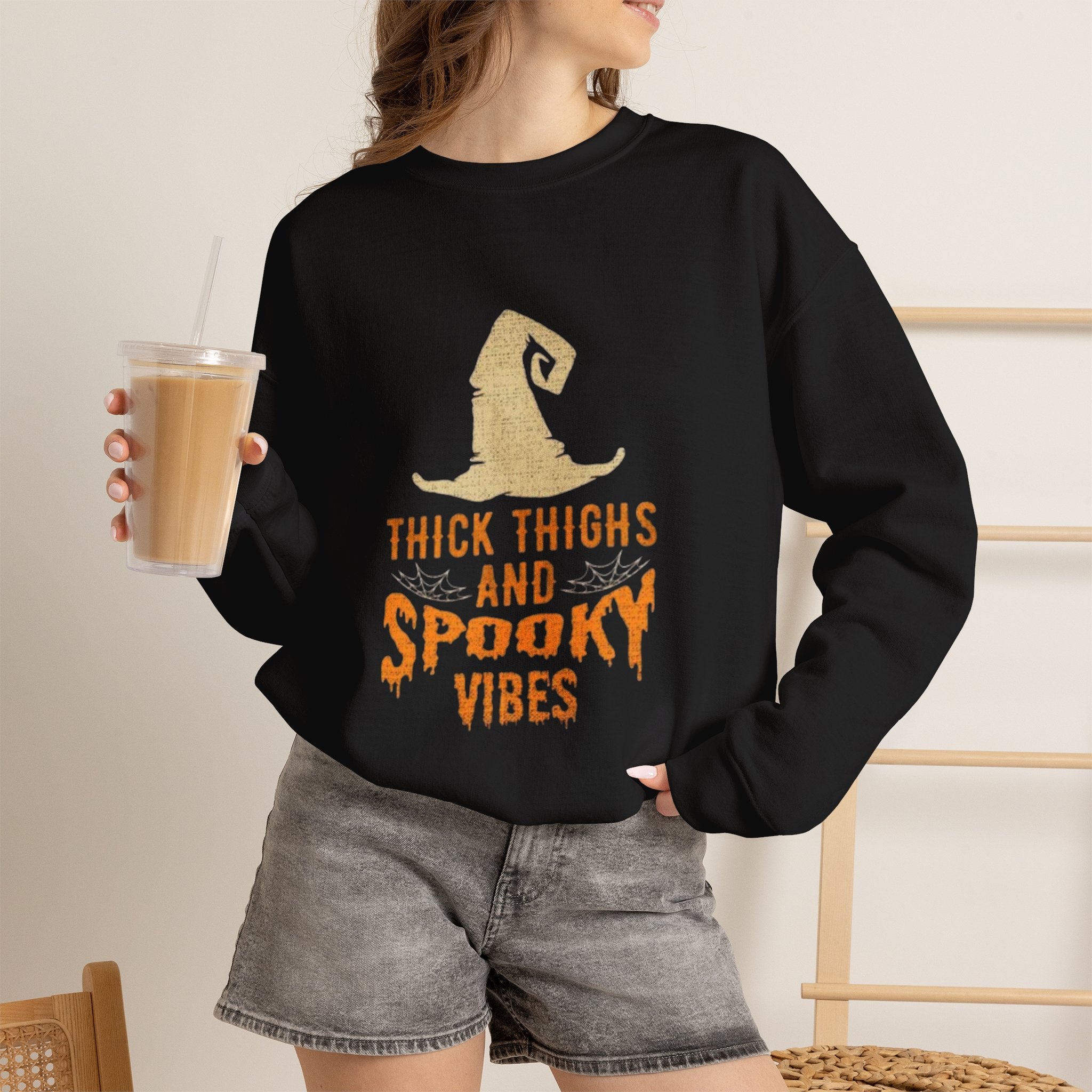 Spooky Vibes Sweatshirt — "Thick Thighs and Spooky Vibes" Halloween Crewneck by Printify