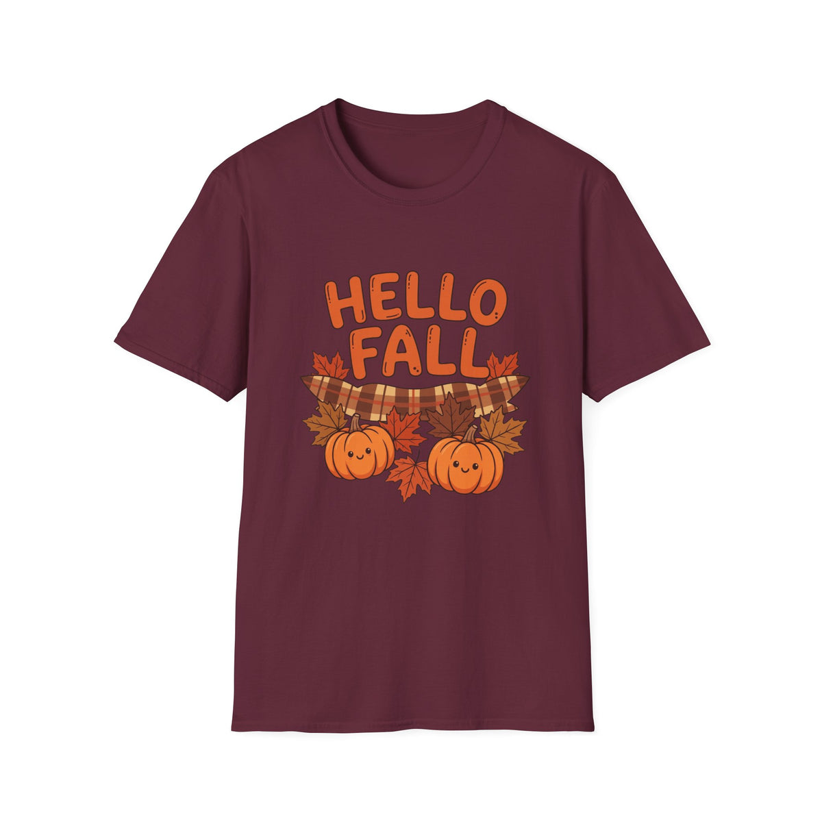 Hello Fall T-Shirt — Cute Pumpkin & Plaid Leaves Autumn Tee by Printify
