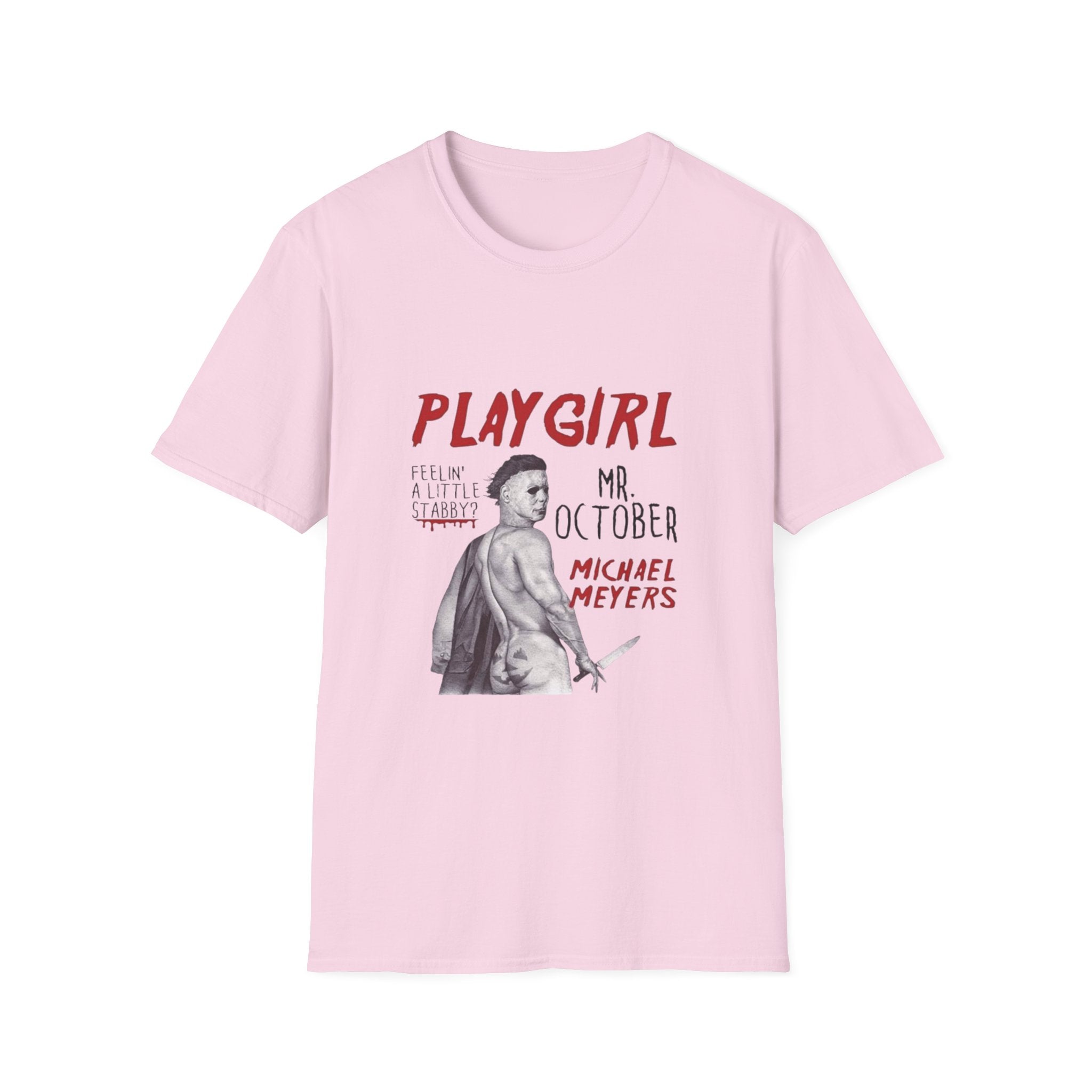 Playgirl Michael Myers T‑Shirt — 'Playgirl' Horror Movie Tee (Mr. October / Feelin' A Little Stabby?) by Printify