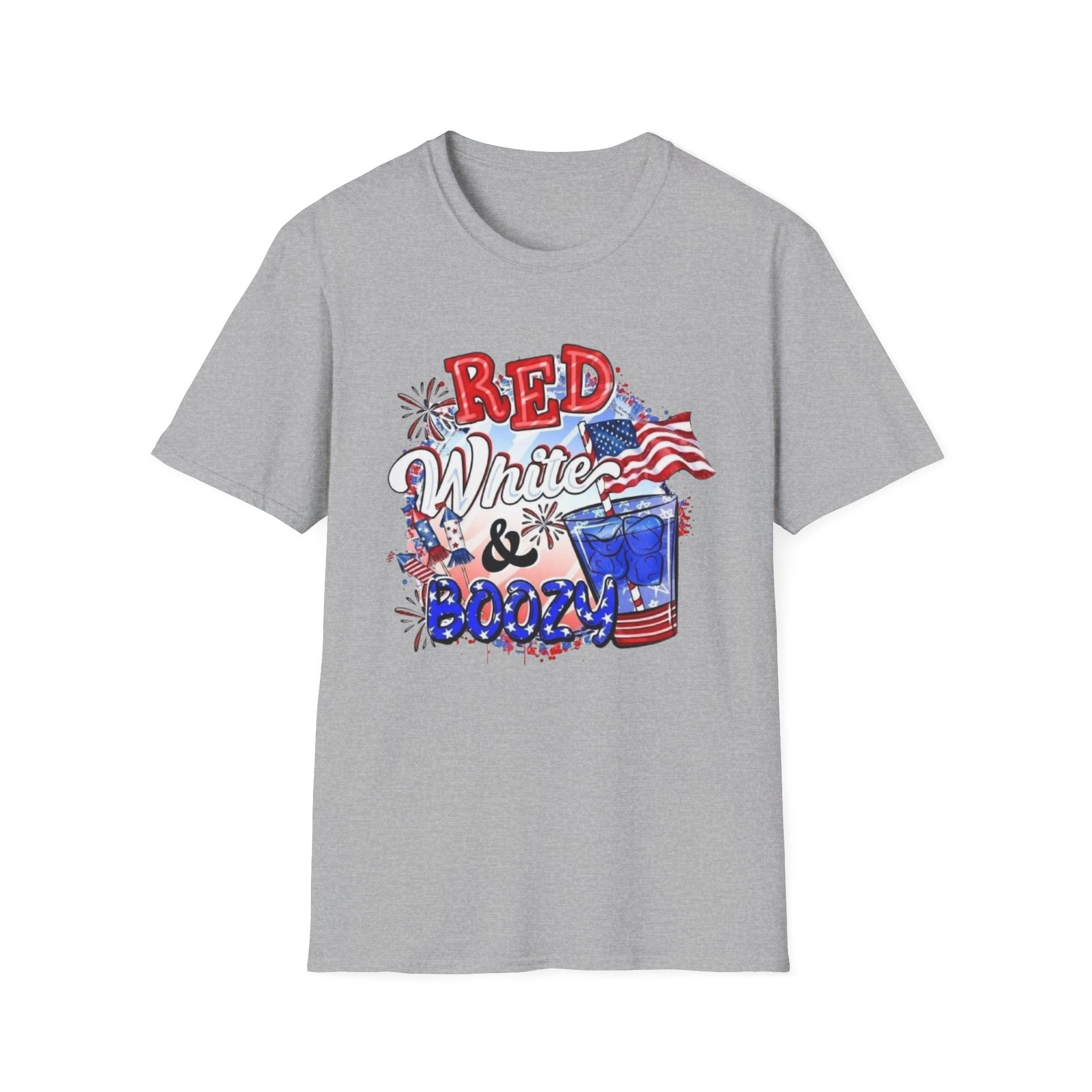 Red, White & Boozy Unisex Softstyle T-Shirt | Patriotic Tee, Independence Day Shirt, Summer Party Wear, BBQ Outfit, Casual Gift by Printify