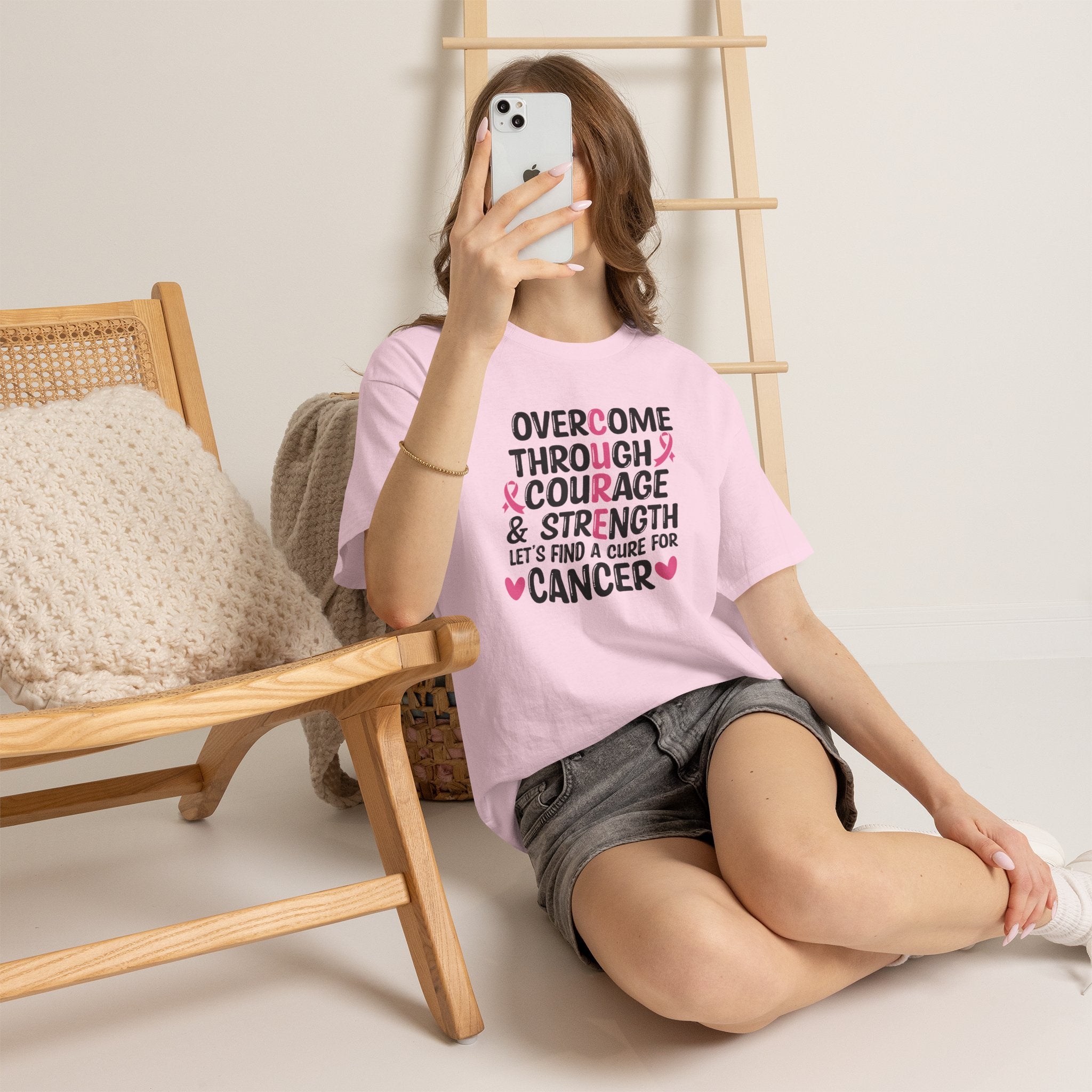 Breast Cancer Awareness Tee — "Overcome Through Courage & Strength" Motivational Shirt by Printify