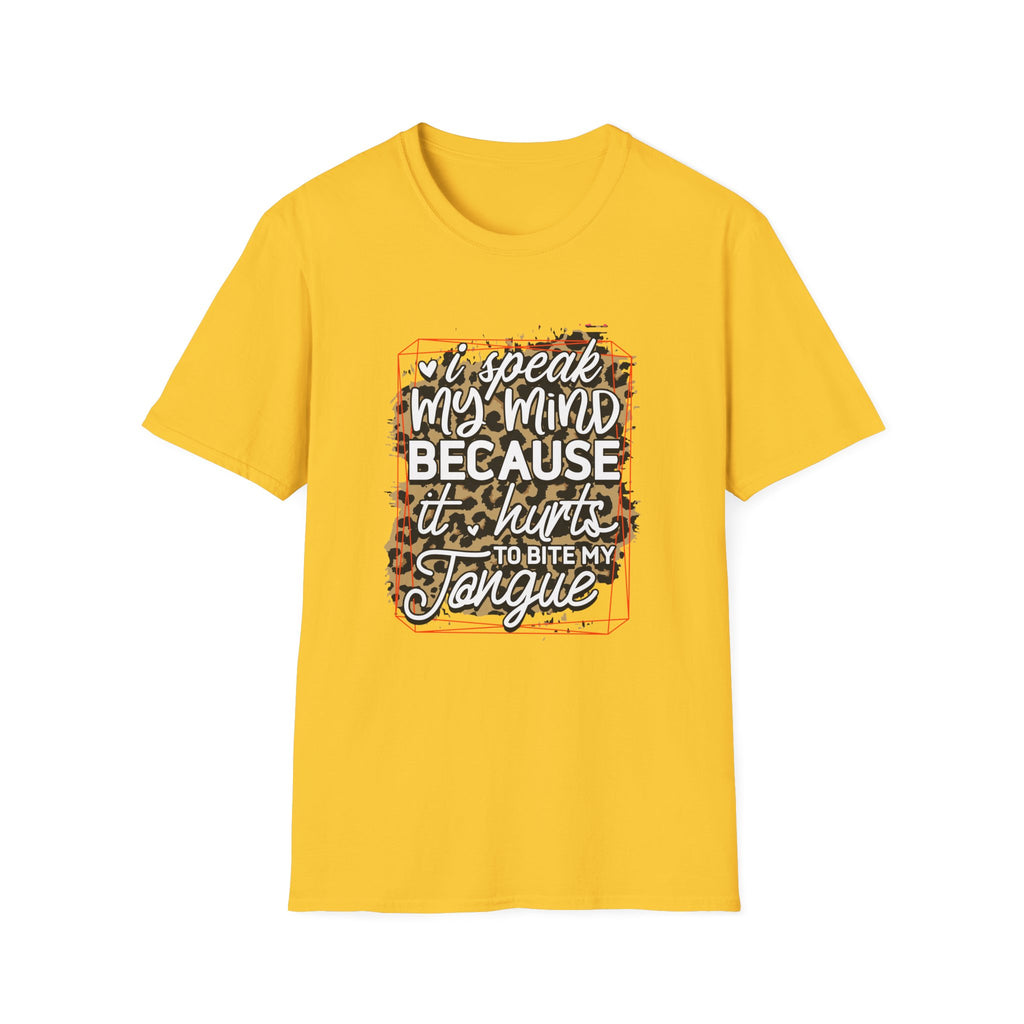 T-Shirt — “I Speak My Mind Because It Hurts to Bite My Tongue” Leopard Graphic by Printify