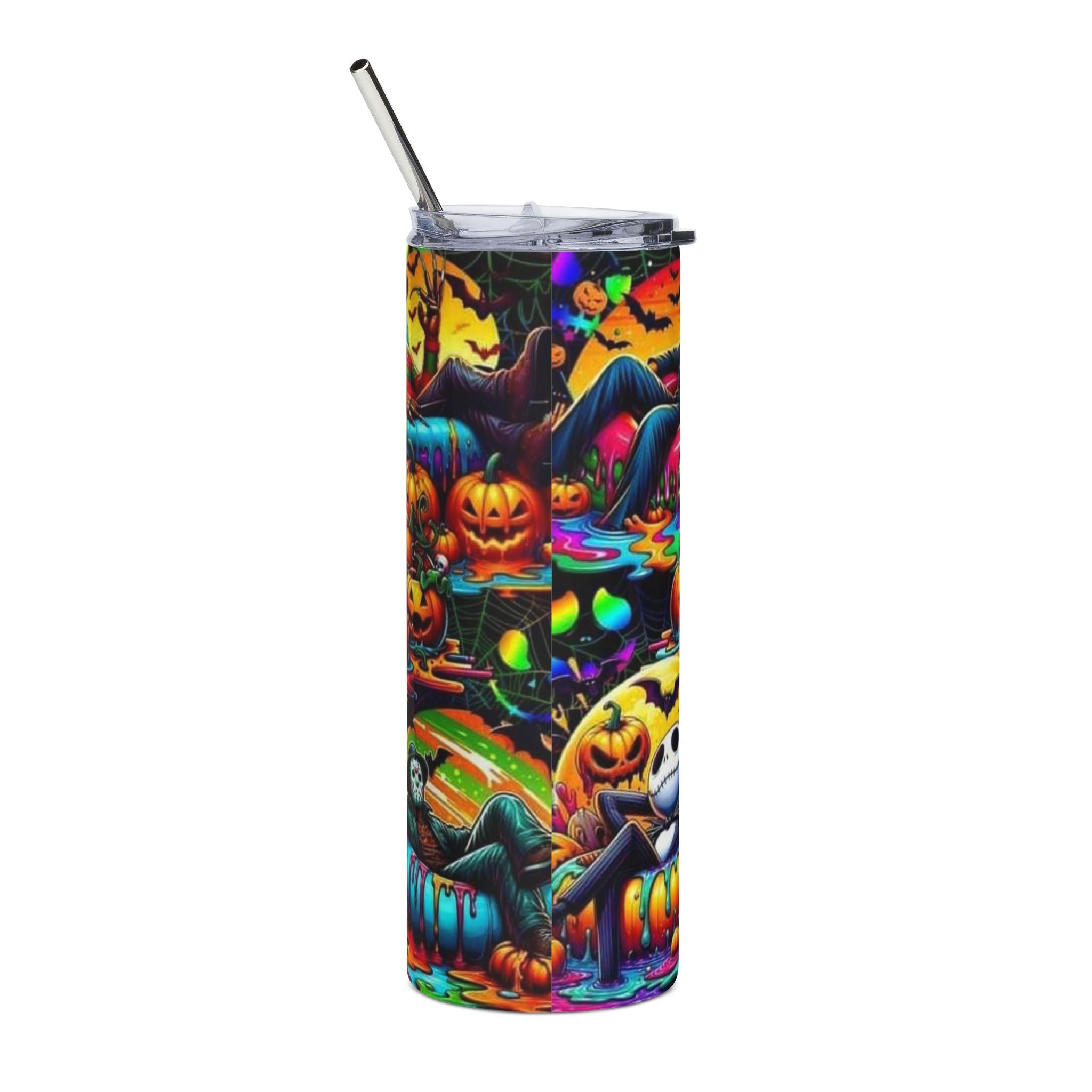 20oz Halloween Horror Tumbler — Neon Creepy Clown & Pumpkin Night Stainless Steel Travel Cup by Printify