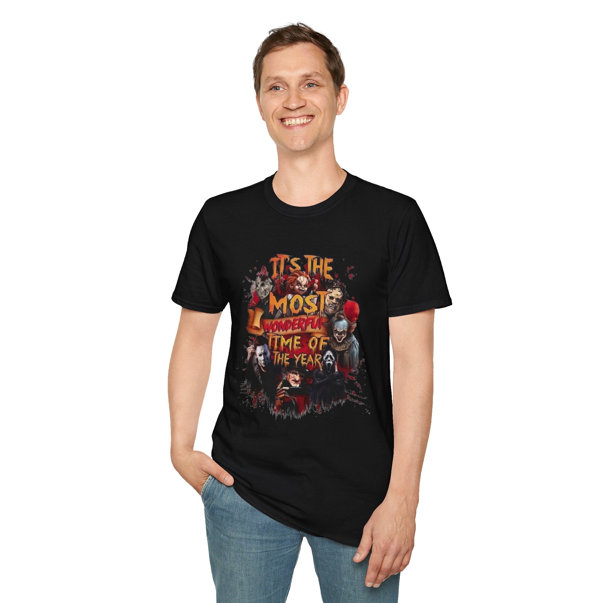 T-Shirt — "Tis The Most Wonderful Time Of The Year" Horror Clown Holiday Tee by Printify