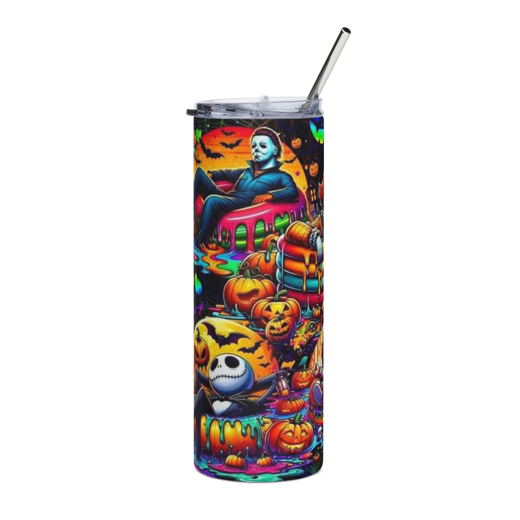 20oz Halloween Horror Tumbler — Neon Creepy Clown & Pumpkin Night Stainless Steel Travel Cup by Printify
