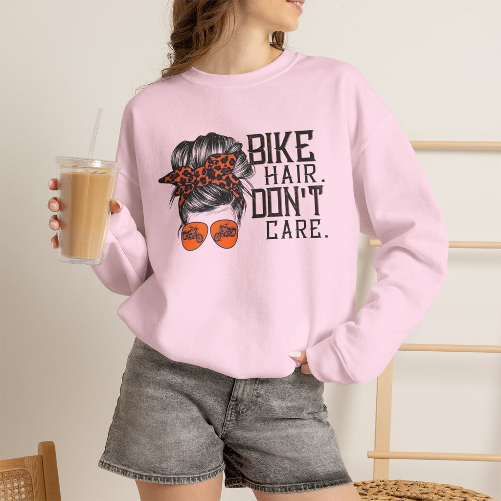 Crewneck Sweatshirt — “Bike Hair Don’t Care” Biker Messy Bun Graphic by Printify