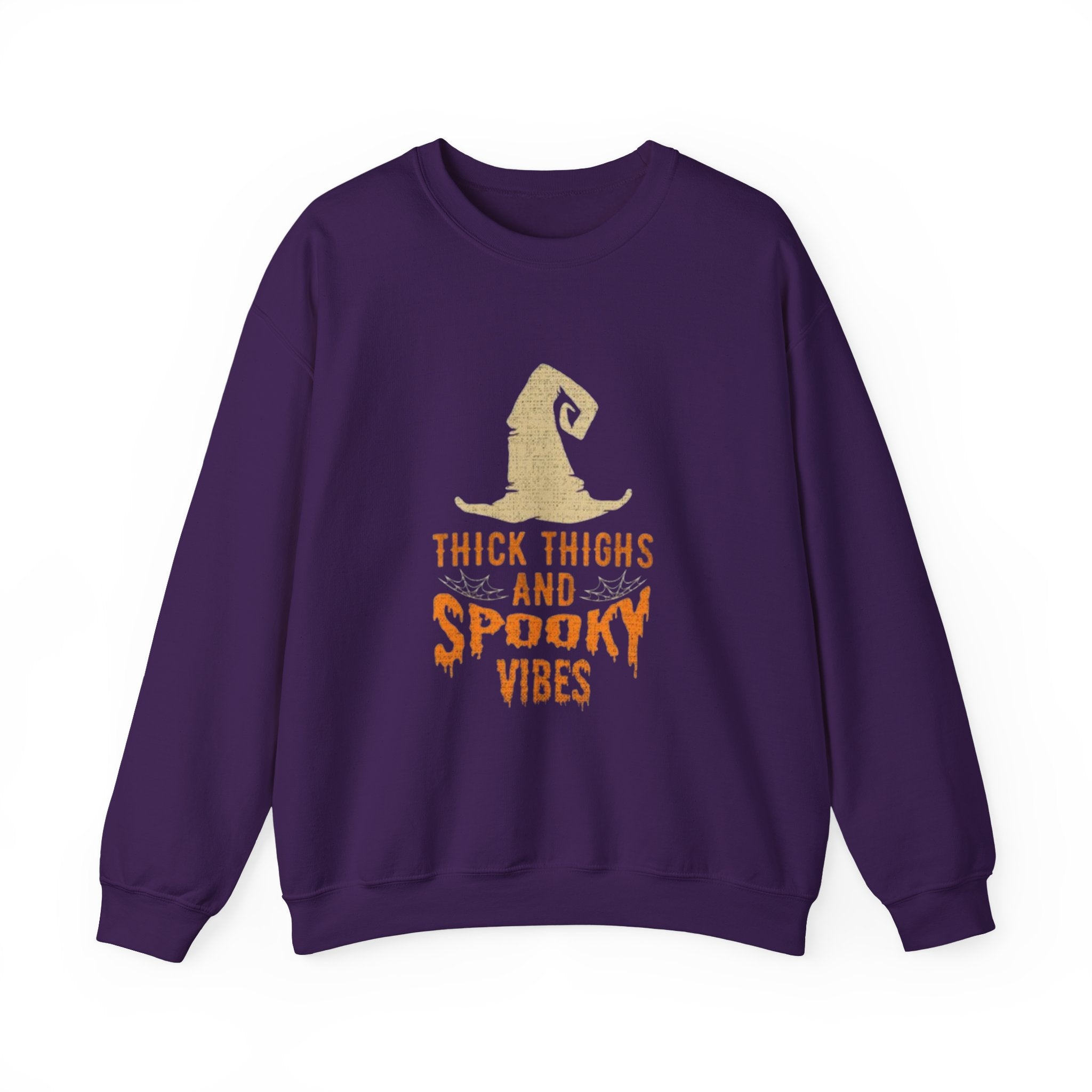 Spooky Vibes Sweatshirt — "Thick Thighs and Spooky Vibes" Halloween Crewneck by Printify