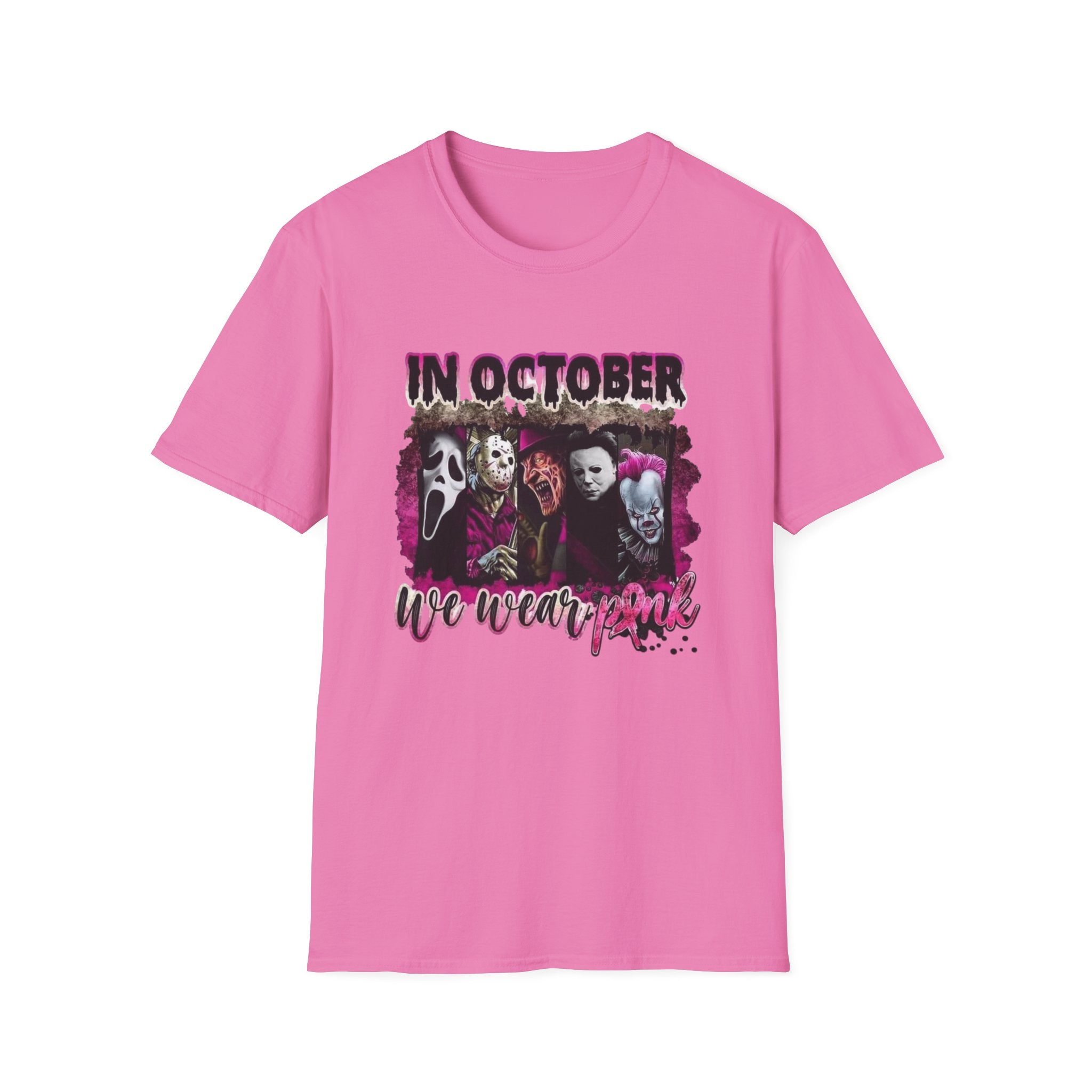 Horror Icons "In October We Wear Pink" T-Shirt by Printify