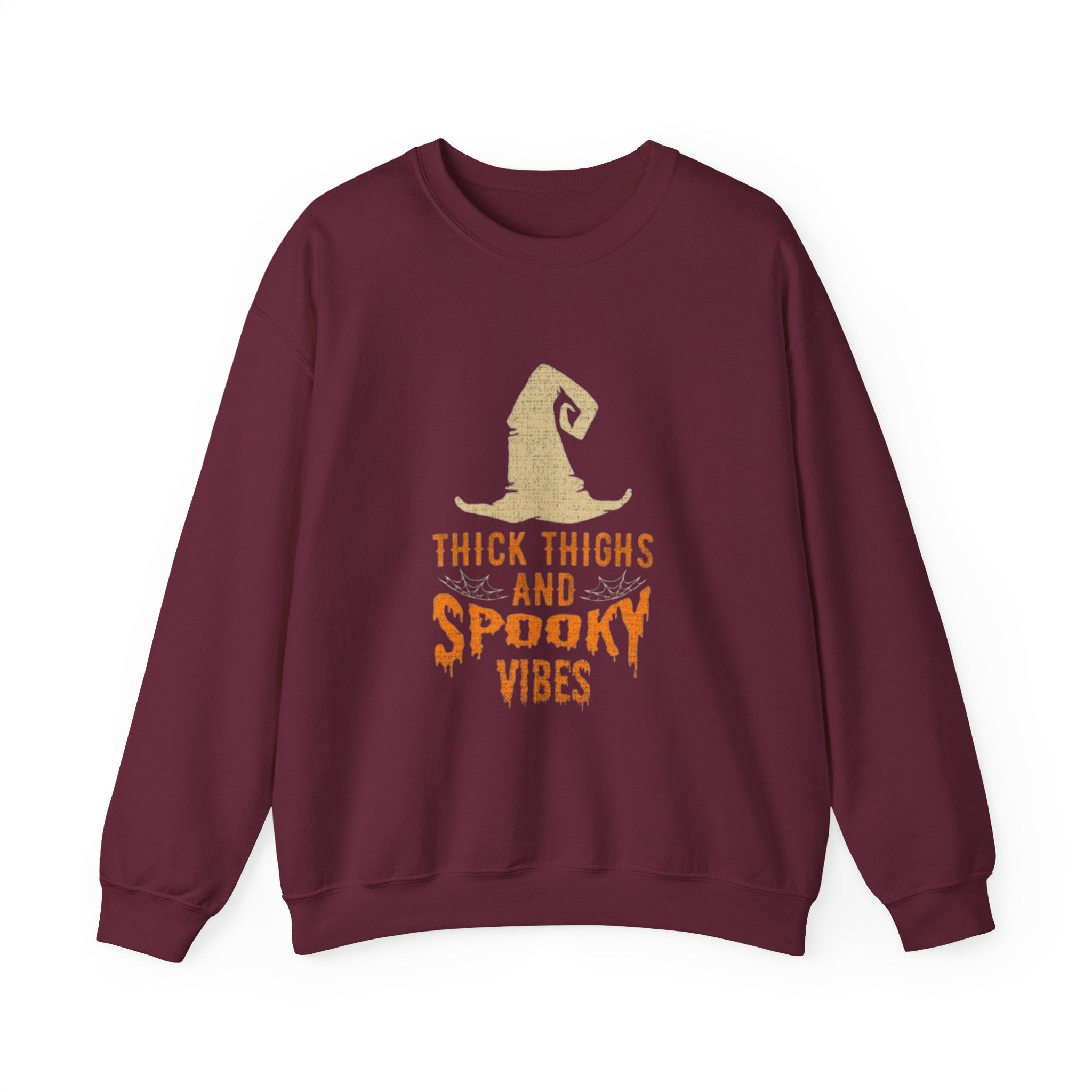 Spooky Vibes Sweatshirt — "Thick Thighs and Spooky Vibes" Halloween Crewneck by Printify
