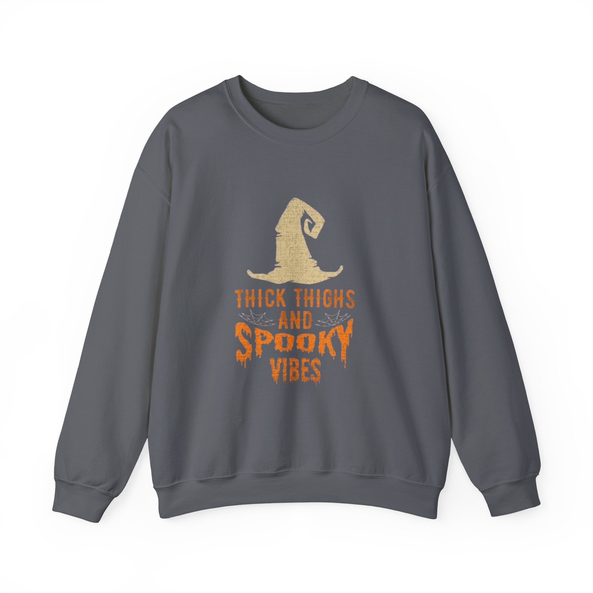 Spooky Vibes Sweatshirt — "Thick Thighs and Spooky Vibes" Halloween Crewneck by Printify